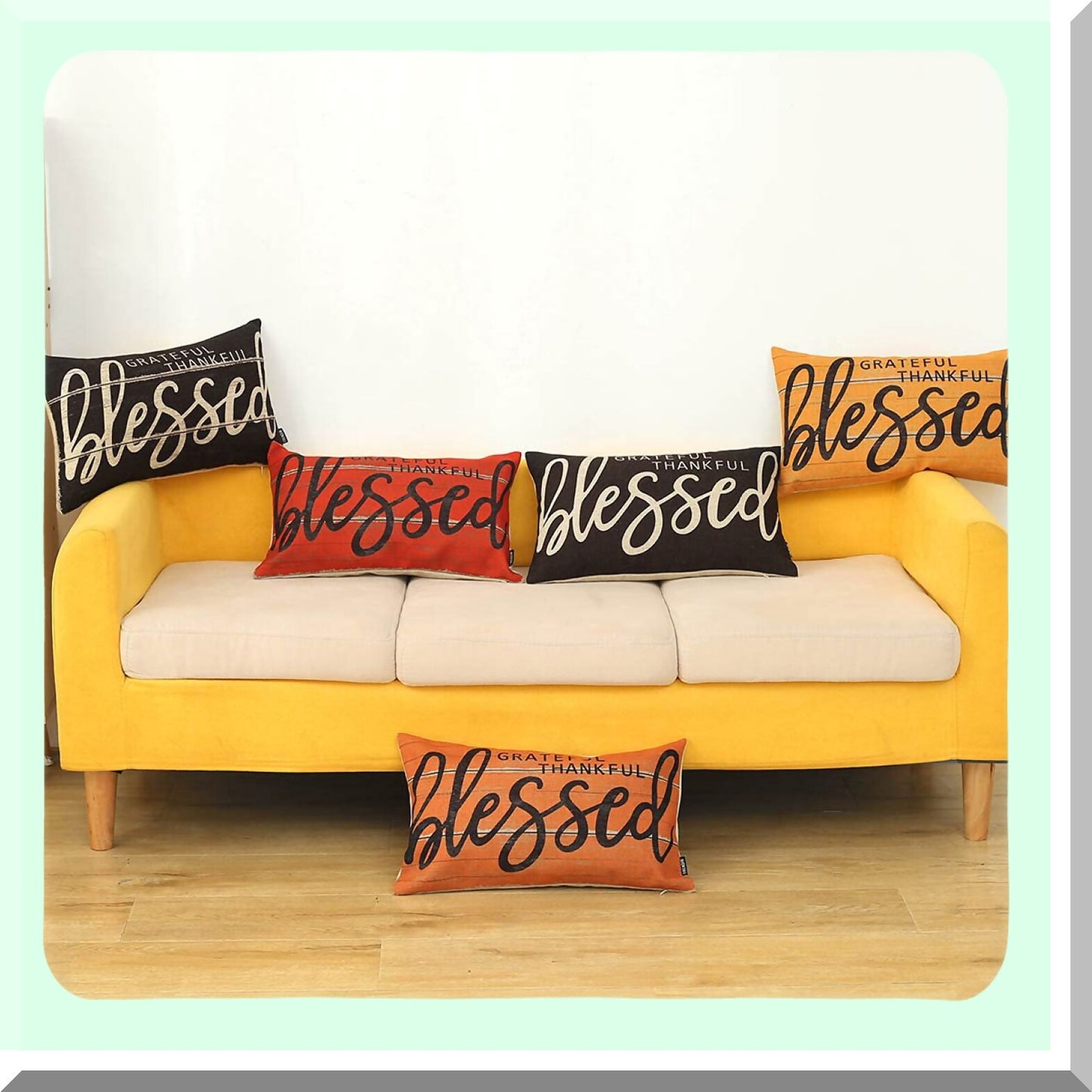 Autumn Blessings Linen Pillow Cover - Farmhouse Orange 12x20 Inch Oblong Throw Pillowcase for Sofa Couch, Chair, Office - Fall Decorations