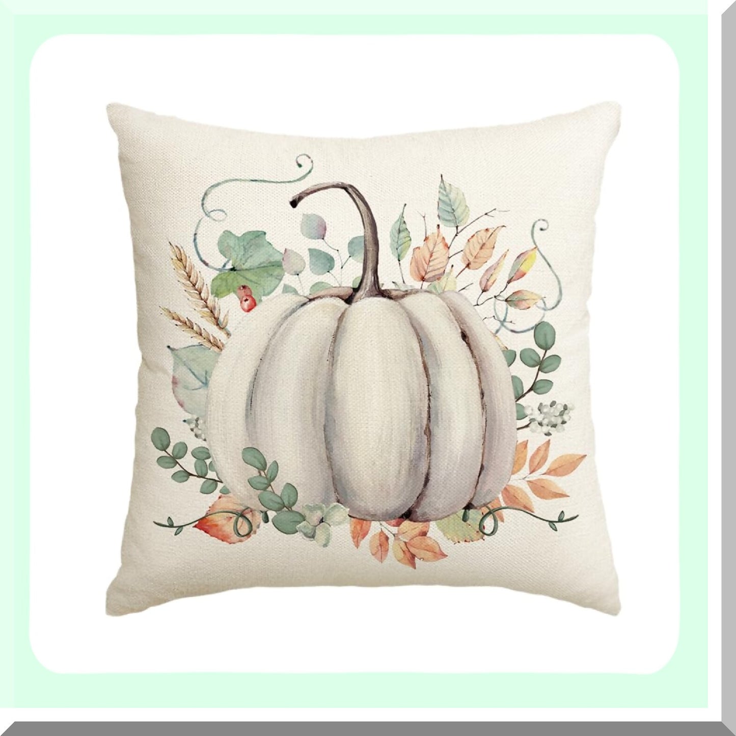 Autumn Harvest Eucalyptus Pumpkin Pillow Cover - Seasonal Fall Leaves Decoration for Home Sofa Couch - 18x18 Inch Thanksgiving Theme