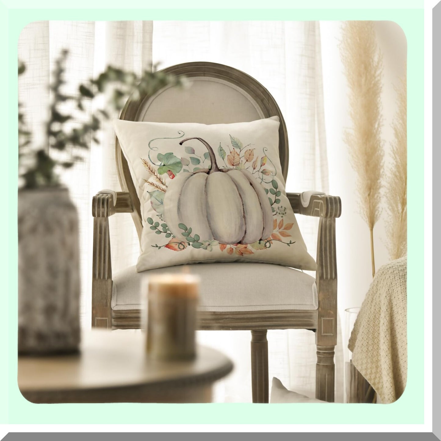 Autumn Harvest Eucalyptus Pumpkin Pillow Cover - Seasonal Fall Leaves Decoration for Home Sofa Couch - 18x18 Inch Thanksgiving Theme