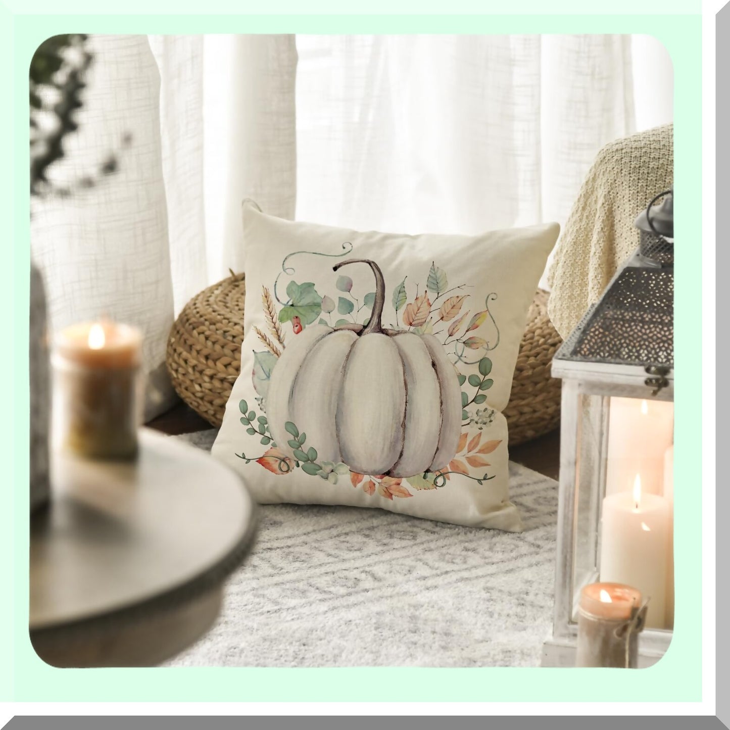 Autumn Harvest Eucalyptus Pumpkin Pillow Cover - Seasonal Fall Leaves Decoration for Home Sofa Couch - 18x18 Inch Thanksgiving Theme