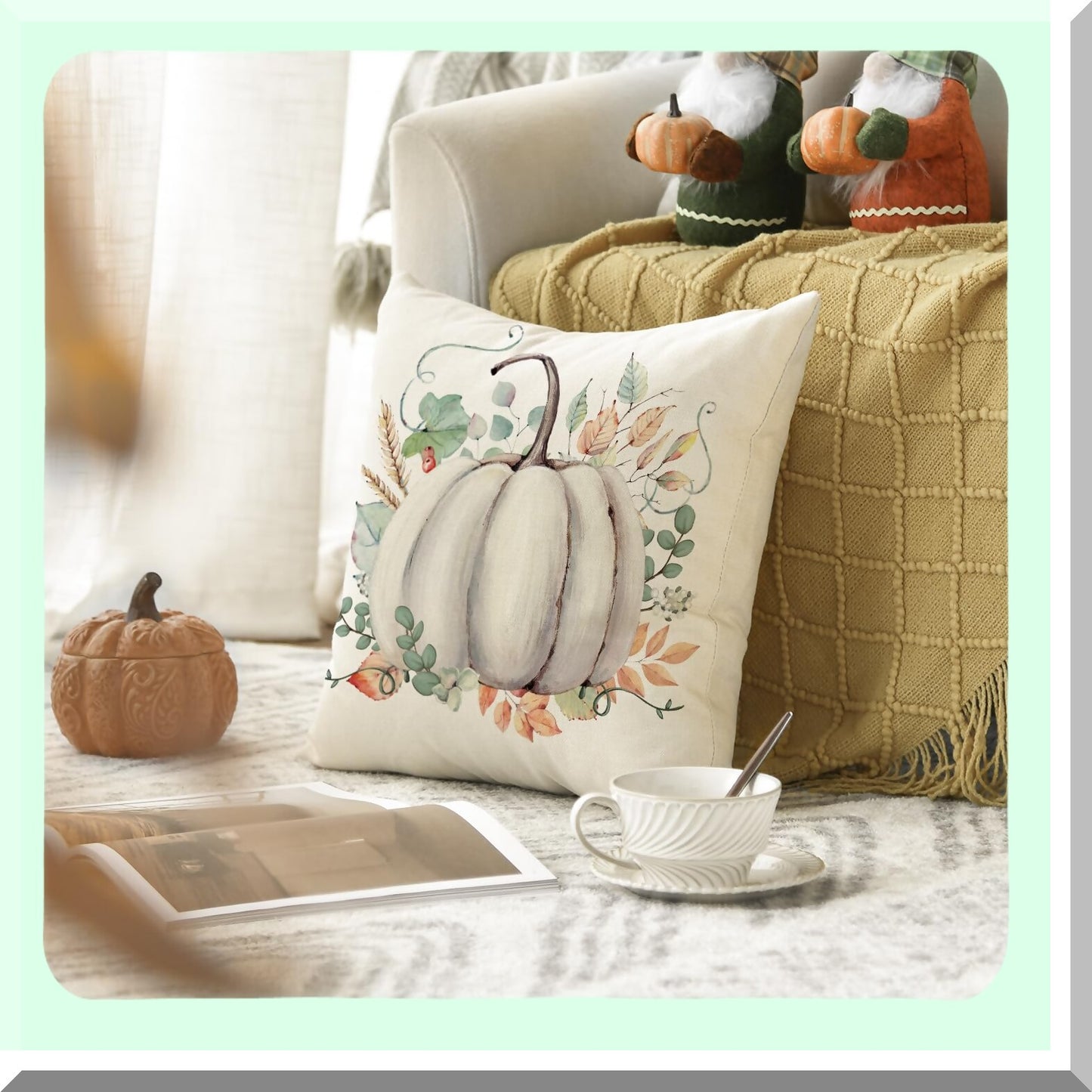 Autumn Harvest Eucalyptus Pumpkin Pillow Cover - Seasonal Fall Leaves Decoration for Home Sofa Couch - 18x18 Inch Thanksgiving Theme