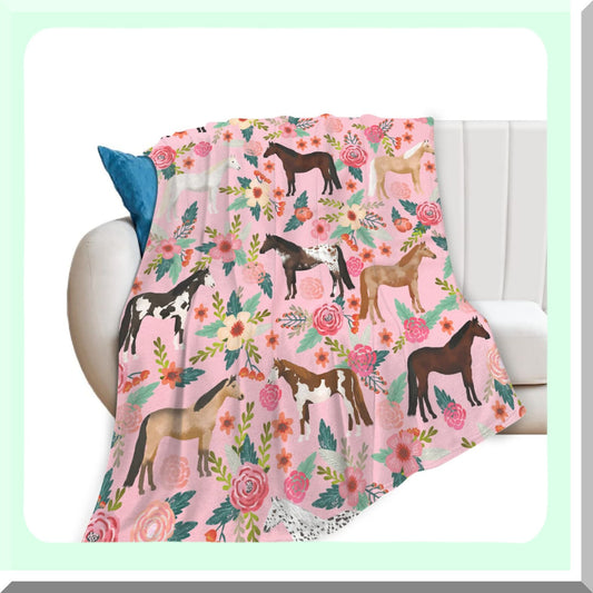 Pink Floral Horse Lover's Fleece Blanket - Soft, Lightweight, and Plush Throw for Girls and Women - Perfect for Bed, Sofa, or Decor - 50"x40""