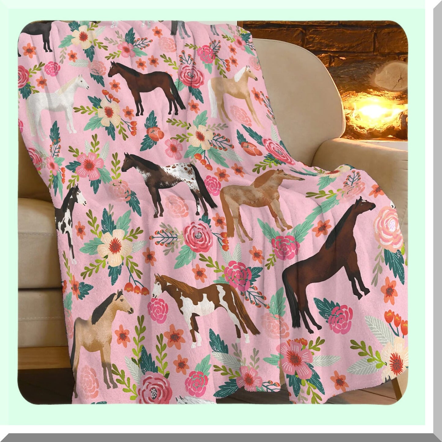 Pink Floral Horse Lover's Fleece Blanket - Soft, Lightweight, and Plush Throw for Girls and Women - Perfect for Bed, Sofa, or Decor - 50"x40""