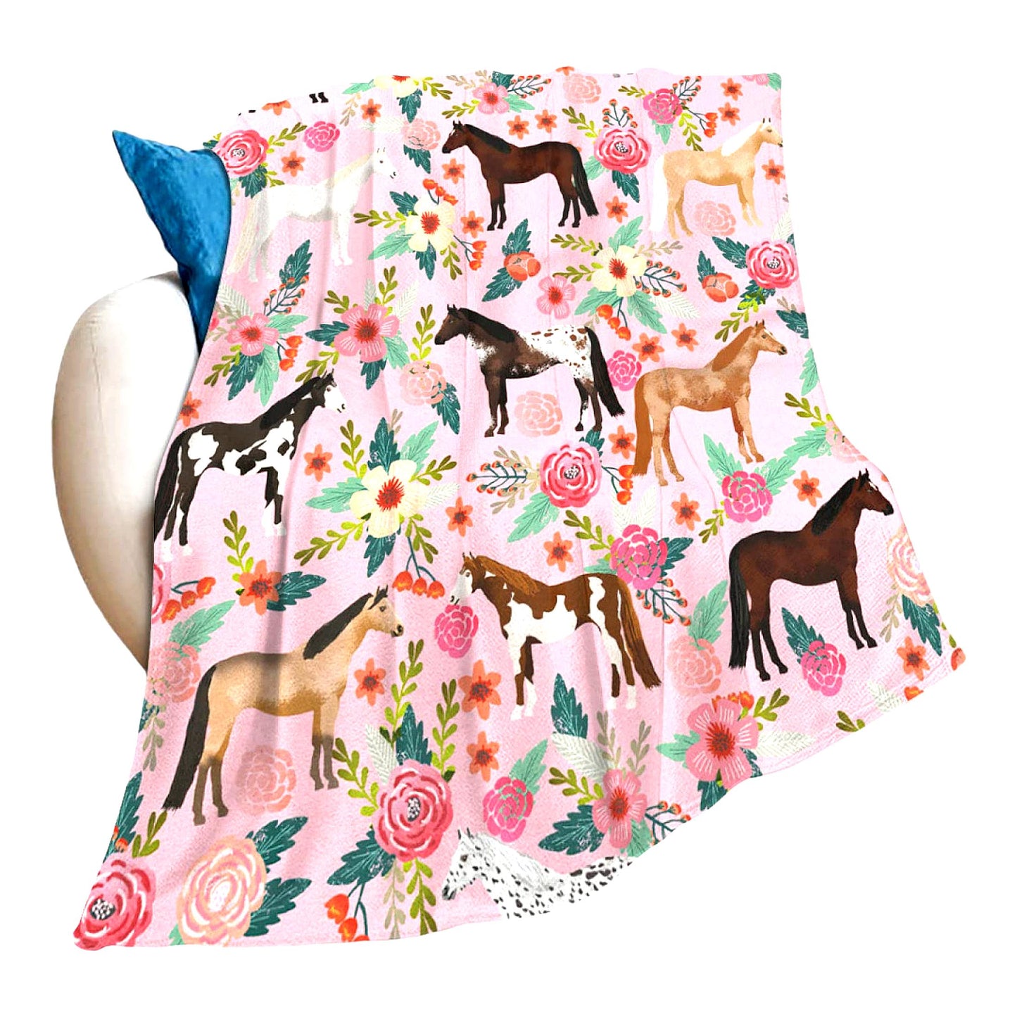 Pink Floral Horse Lover's Fleece Blanket - Soft, Lightweight, and Plush Throw for Girls and Women - Perfect for Bed, Sofa, or Decor - 50"x40""