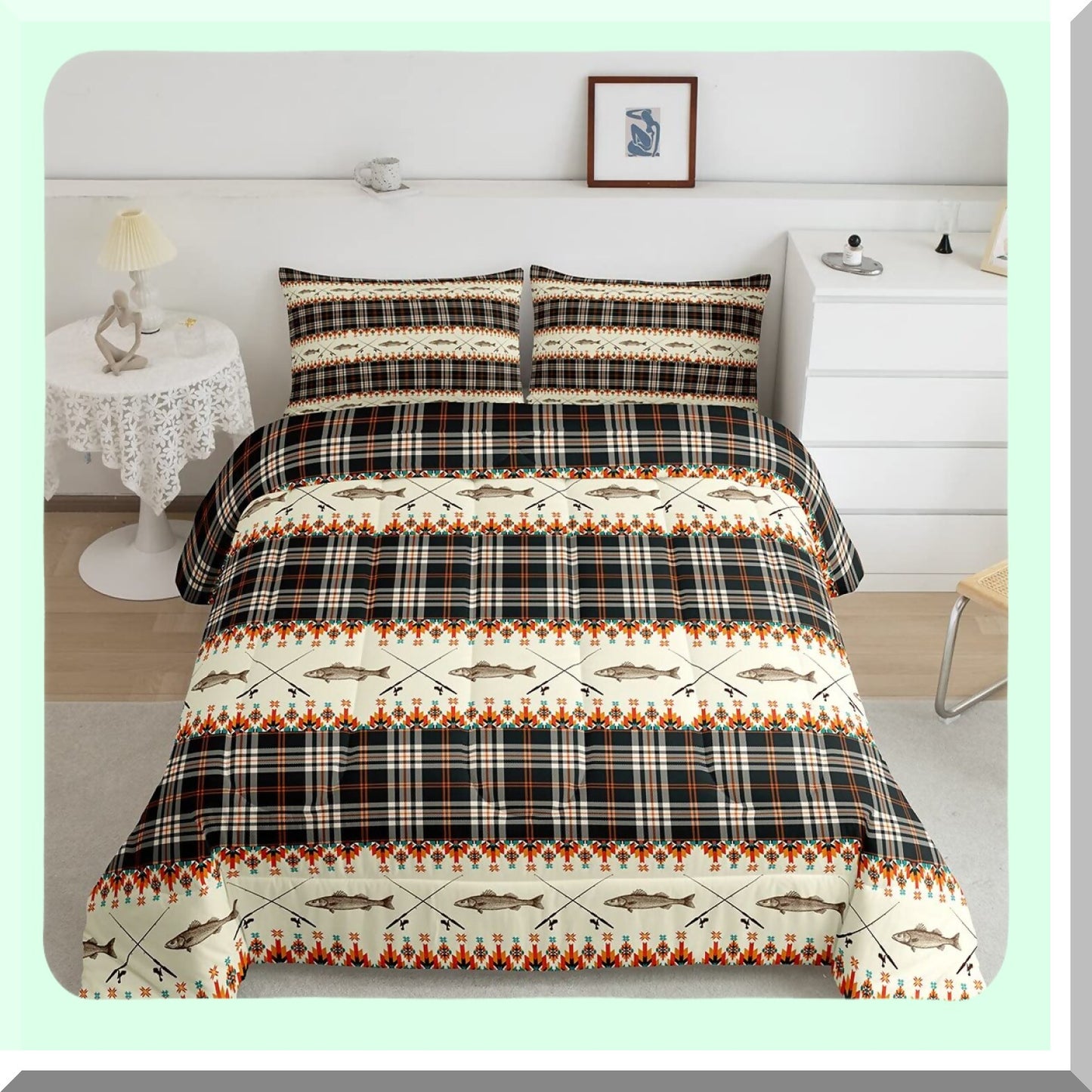 Rustic River Fishing Lodge Queen Bedding Set - Southwestern Buffalo Plaid Comforter with Fishing Rod and Fish Quilt - Farmhouse Cabin Decor