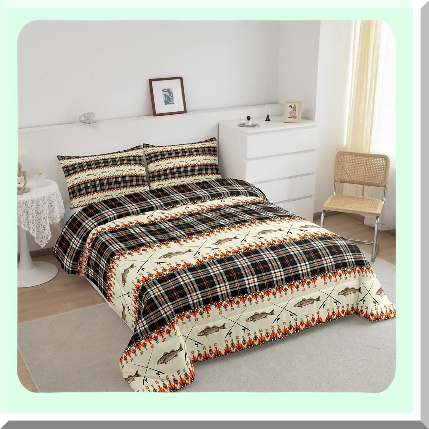 Rustic River Fishing Lodge Queen Bedding Set - Southwestern Buffalo Plaid Comforter with Fishing Rod and Fish Quilt - Farmhouse Cabin Decor