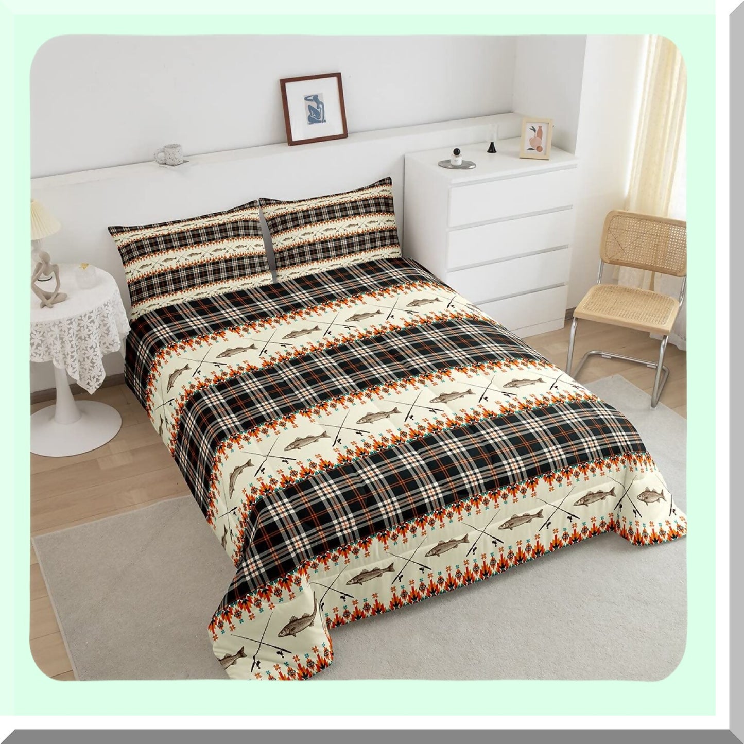 Rustic River Fishing Lodge Queen Bedding Set - Southwestern Buffalo Plaid Comforter with Fishing Rod and Fish Quilt - Farmhouse Cabin Decor