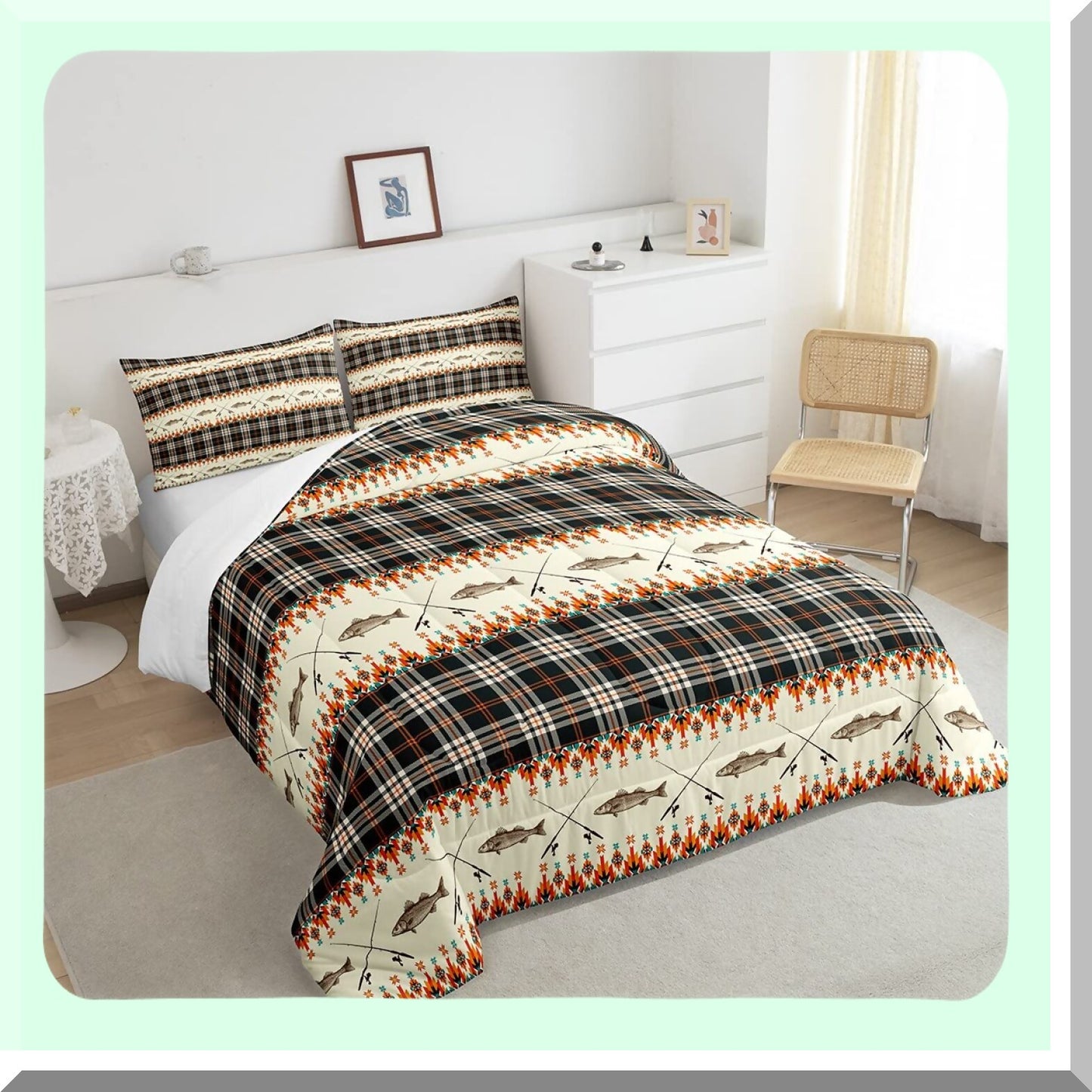 Rustic River Fishing Lodge Queen Bedding Set - Southwestern Buffalo Plaid Comforter with Fishing Rod and Fish Quilt - Farmhouse Cabin Decor