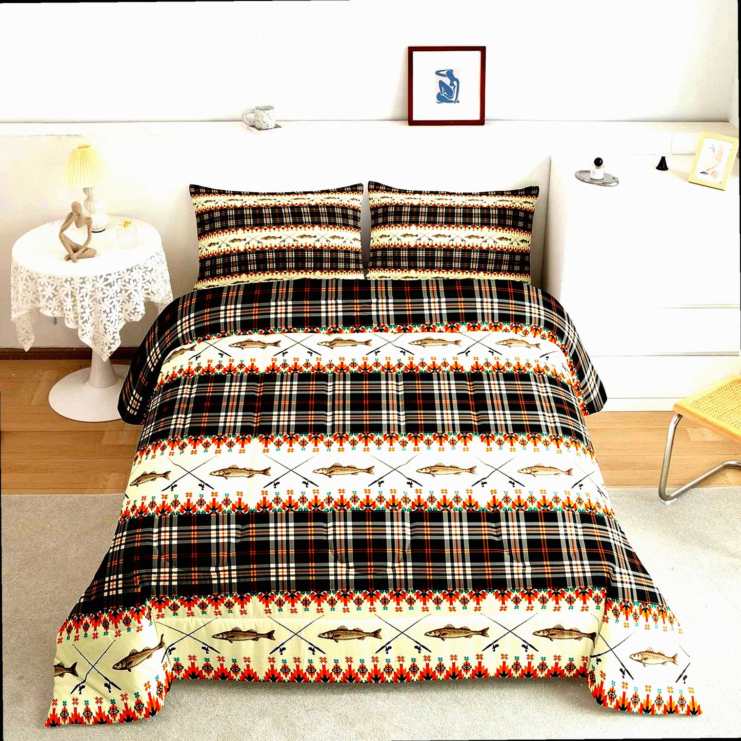 Rustic River Fishing Lodge Queen Bedding Set - Southwestern Buffalo Plaid Comforter with Fishing Rod and Fish Quilt - Farmhouse Cabin Decor
