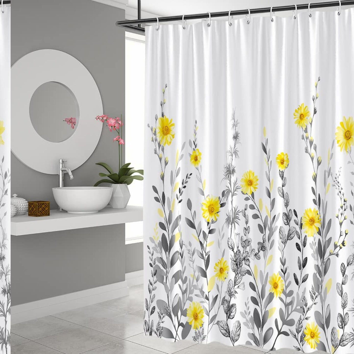 Floral Yellow Grey Shower Curtain 70x70 Inch