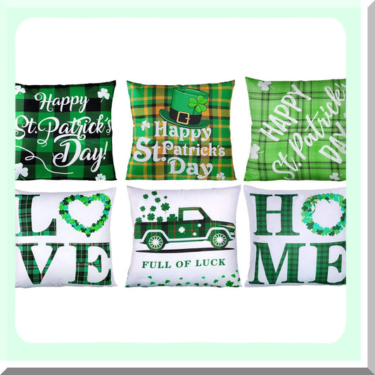 Lucky Clover Green Buffalo Pillow Covers - Set of 6 | St. Patrick's Day Decorative Cushion Cases 18 x 18 Inch for Home, Office, Car, Sofa, Bedroom