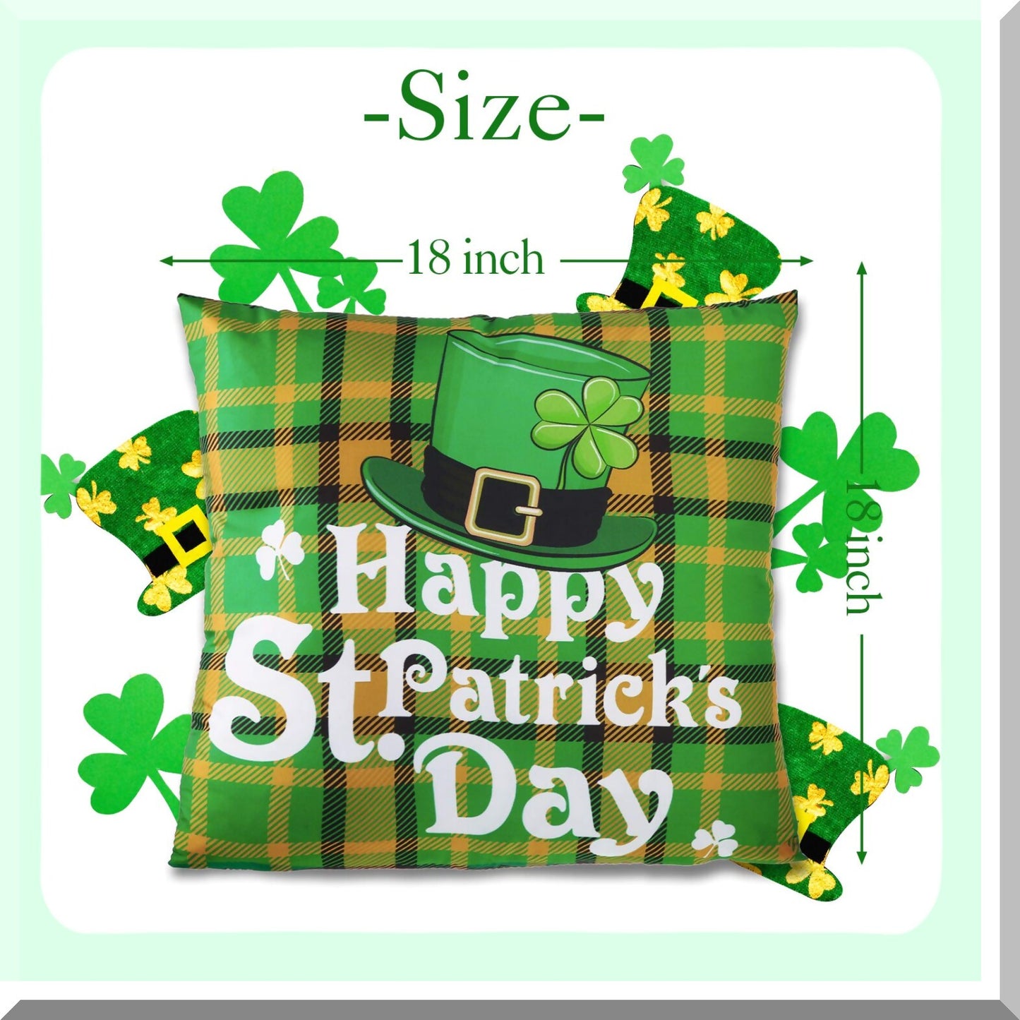 Lucky Clover Green Buffalo Pillow Covers - Set of 6 | St. Patrick's Day Decorative Cushion Cases 18 x 18 Inch for Home, Office, Car, Sofa, Bedroom