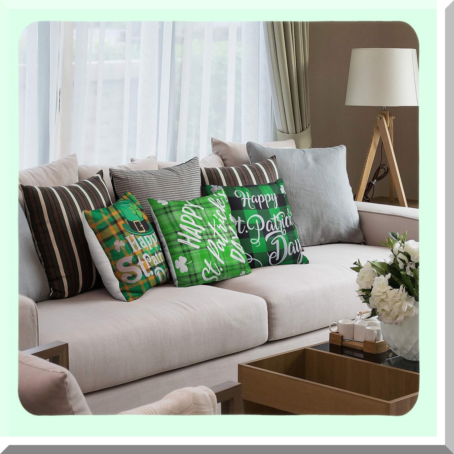 Lucky Clover Green Buffalo Pillow Covers - Set of 6 | St. Patrick's Day Decorative Cushion Cases 18 x 18 Inch for Home, Office, Car, Sofa, Bedroom