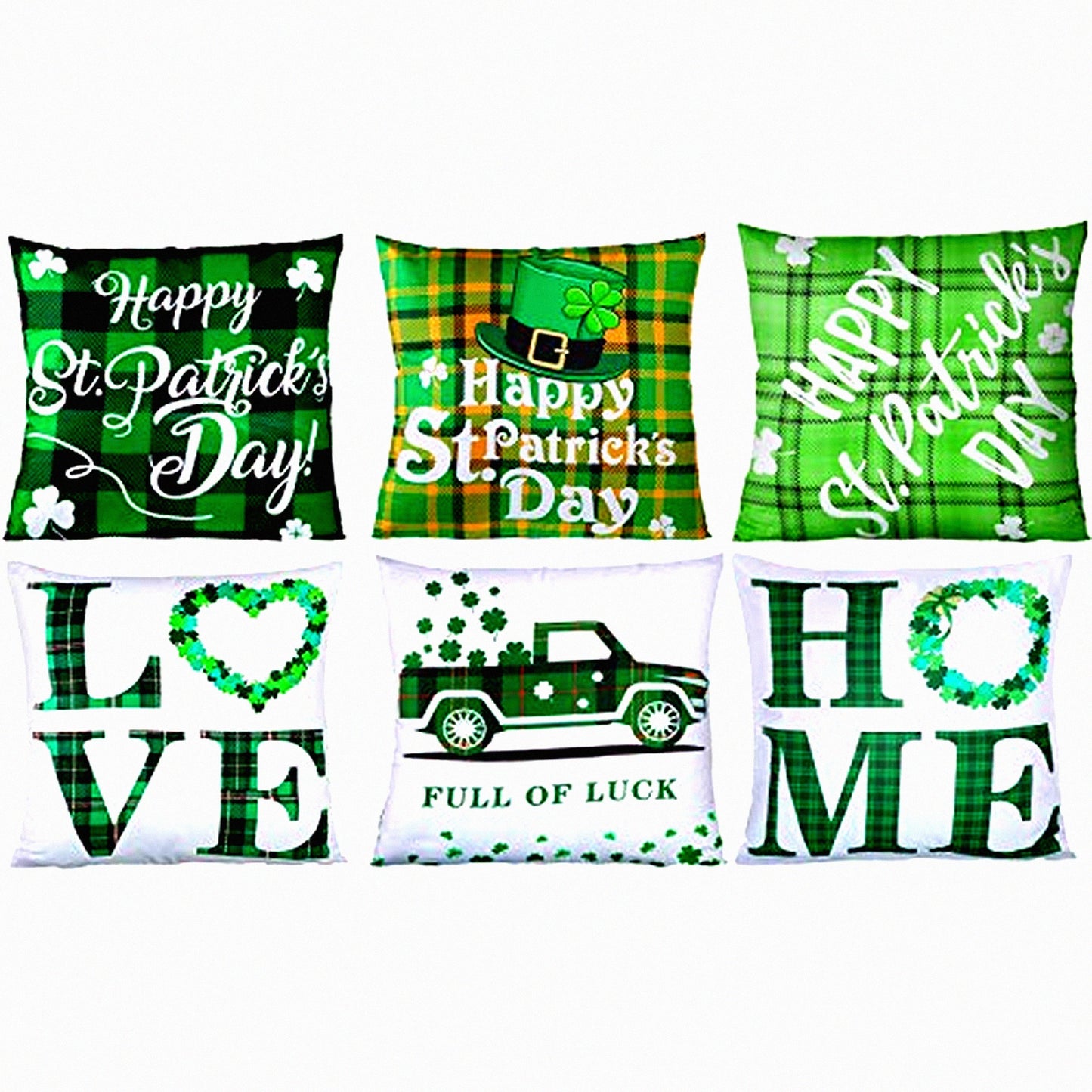 Lucky Clover Green Buffalo Pillow Covers - Set of 6 | St. Patrick's Day Decorative Cushion Cases 18 x 18 Inch for Home, Office, Car, Sofa, Bedroom