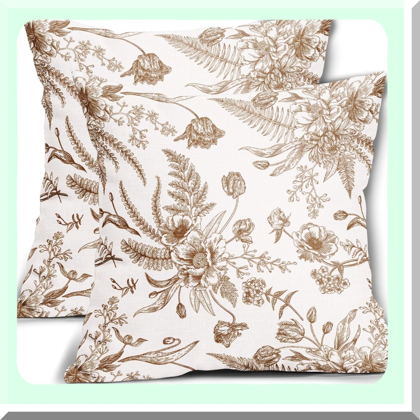 Vintage Floral Pillow Covers - 2 Pack 18x18 Inch Brown & White Flowers Throw Pillowcase. Cotton Linen Decorative Cushion Cover for Patio, Sofa, Bedroom, Indoor & Outdoor Party.