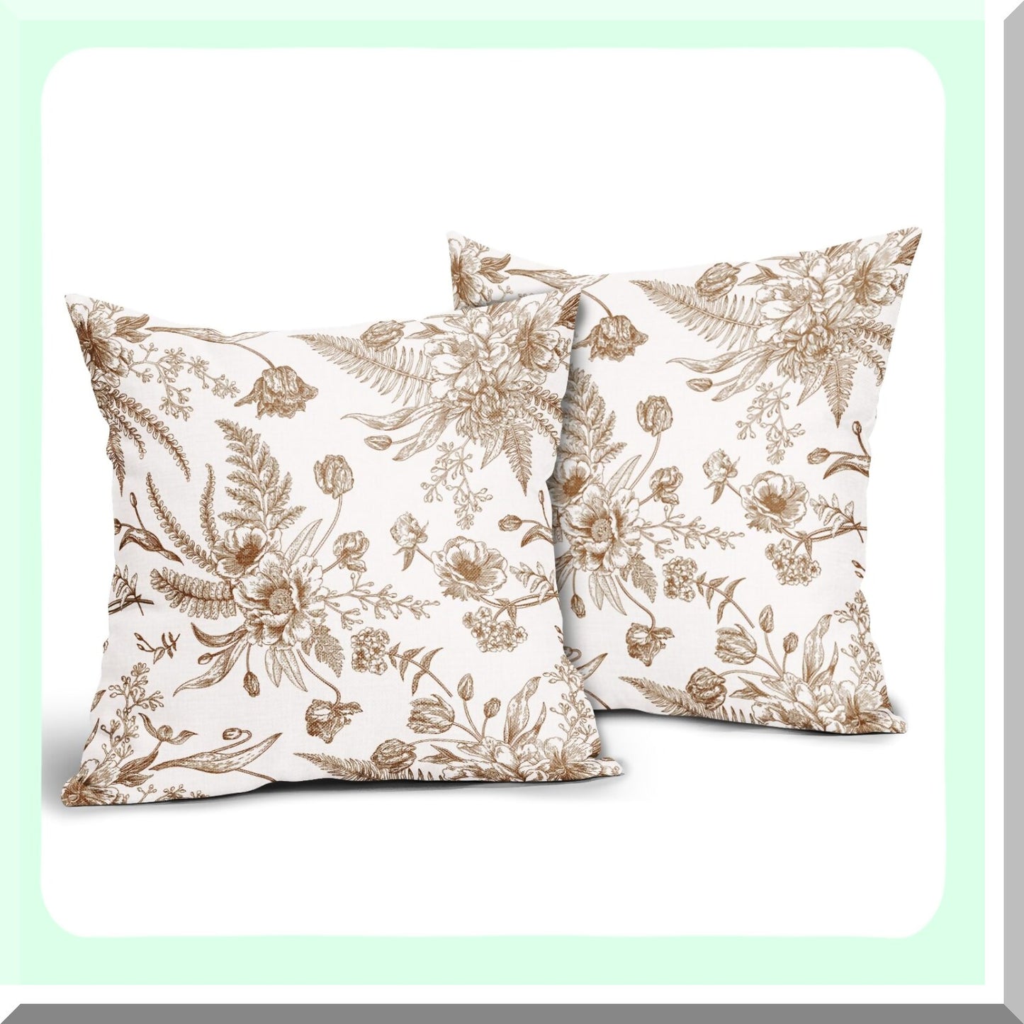 Vintage Floral Pillow Covers - 2 Pack 18x18 Inch Brown & White Flowers Throw Pillowcase. Cotton Linen Decorative Cushion Cover for Patio, Sofa, Bedroom, Indoor & Outdoor Party.