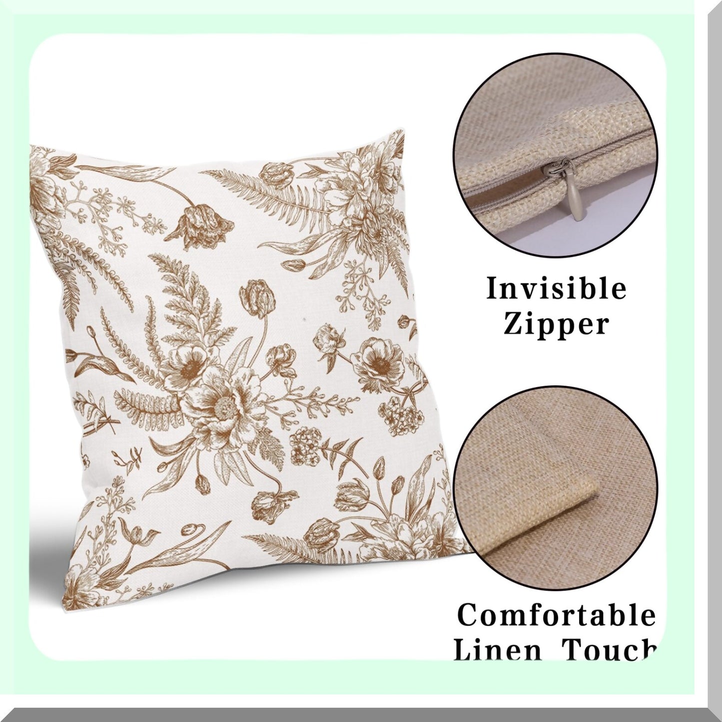 Vintage Floral Pillow Covers - 2 Pack 18x18 Inch Brown & White Flowers Throw Pillowcase. Cotton Linen Decorative Cushion Cover for Patio, Sofa, Bedroom, Indoor & Outdoor Party.