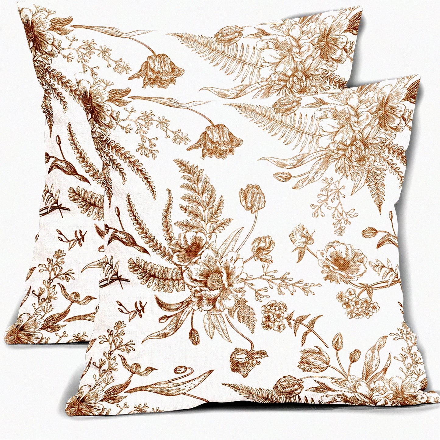 Vintage Floral Pillow Covers - 2 Pack 18x18 Inch Brown & White Flowers Throw Pillowcase. Cotton Linen Decorative Cushion Cover for Patio, Sofa, Bedroom, Indoor & Outdoor Party.