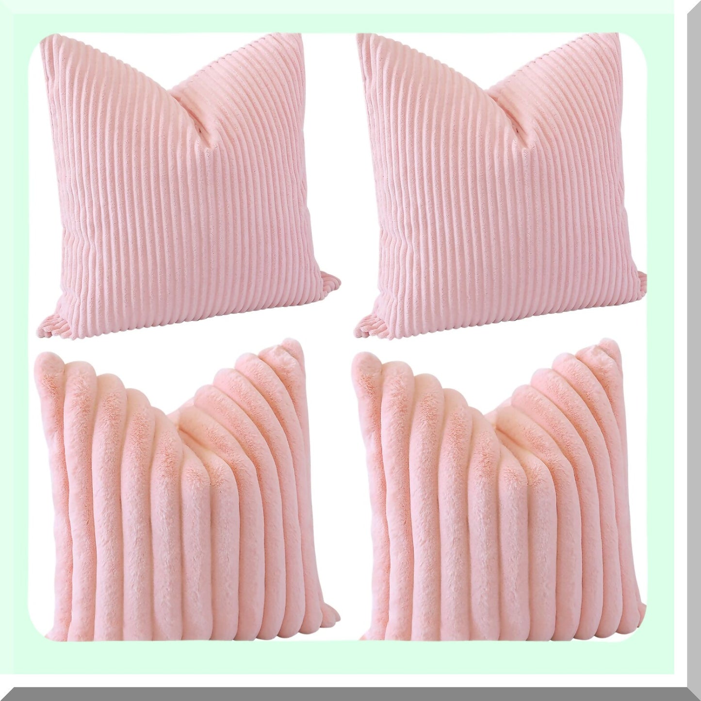 Plush Stripe Corduroy Pillow Covers - Set of 4 Soft Decorative Throw Cushion Cases for Couch Sofa Bed Home Living Room Decor - 18x18 Inch Luxury Pink Pillowcase