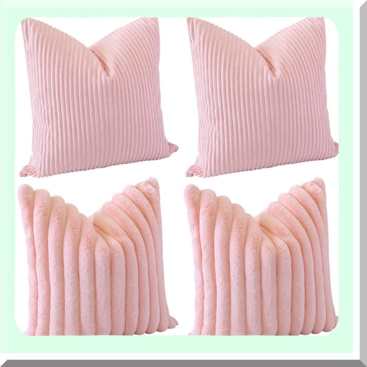 Plush Stripe Corduroy Pillow Covers - Set of 4 Soft Decorative Throw Cushion Cases for Couch Sofa Bed Home Living Room Decor - 18x18 Inch Luxury Pink Pillowcase