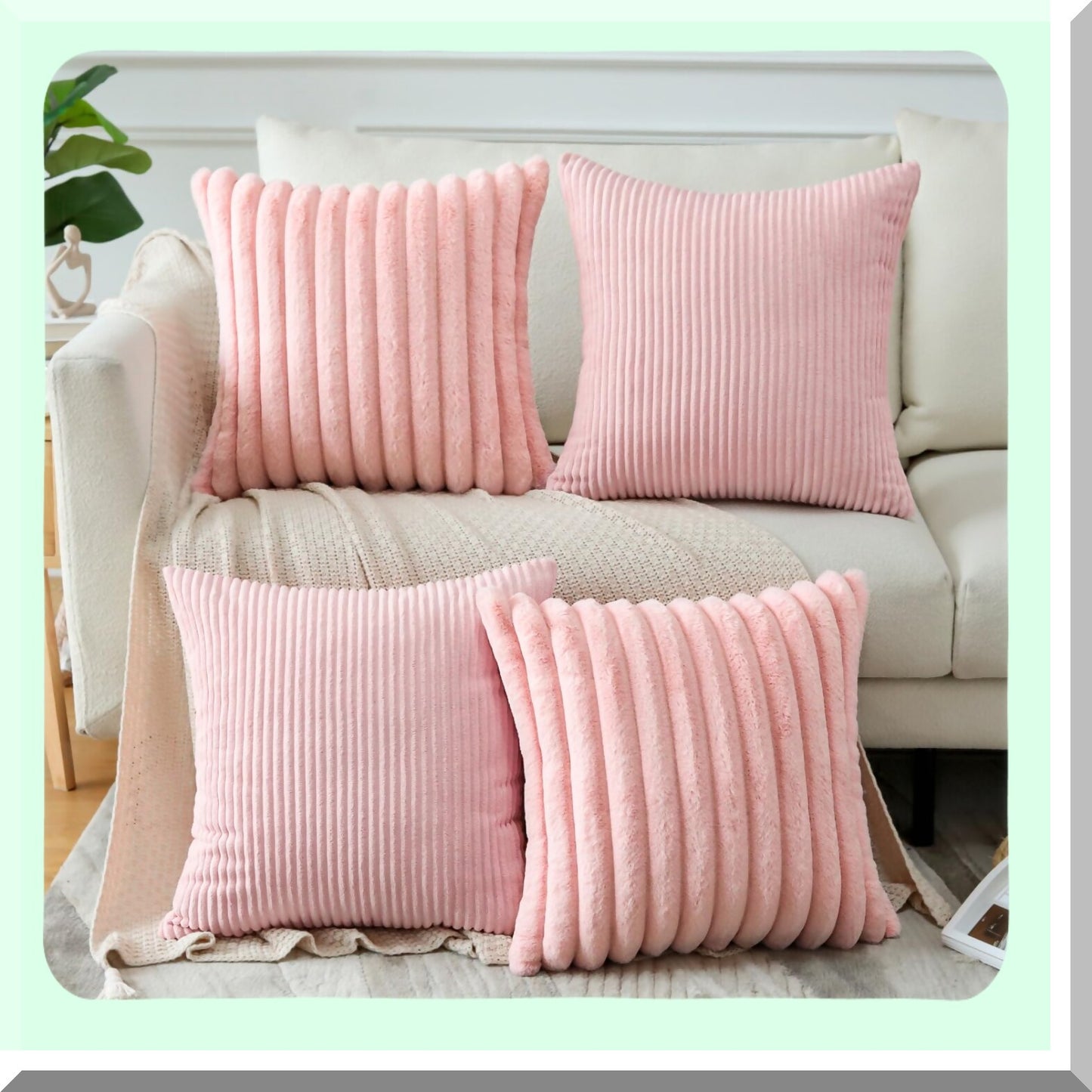 Plush Stripe Corduroy Pillow Covers - Set of 4 Soft Decorative Throw Cushion Cases for Couch Sofa Bed Home Living Room Decor - 18x18 Inch Luxury Pink Pillowcase