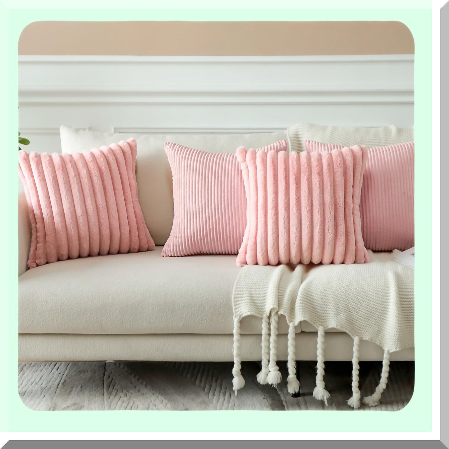 Plush Stripe Corduroy Pillow Covers - Set of 4 Soft Decorative Throw Cushion Cases for Couch Sofa Bed Home Living Room Decor - 18x18 Inch Luxury Pink Pillowcase