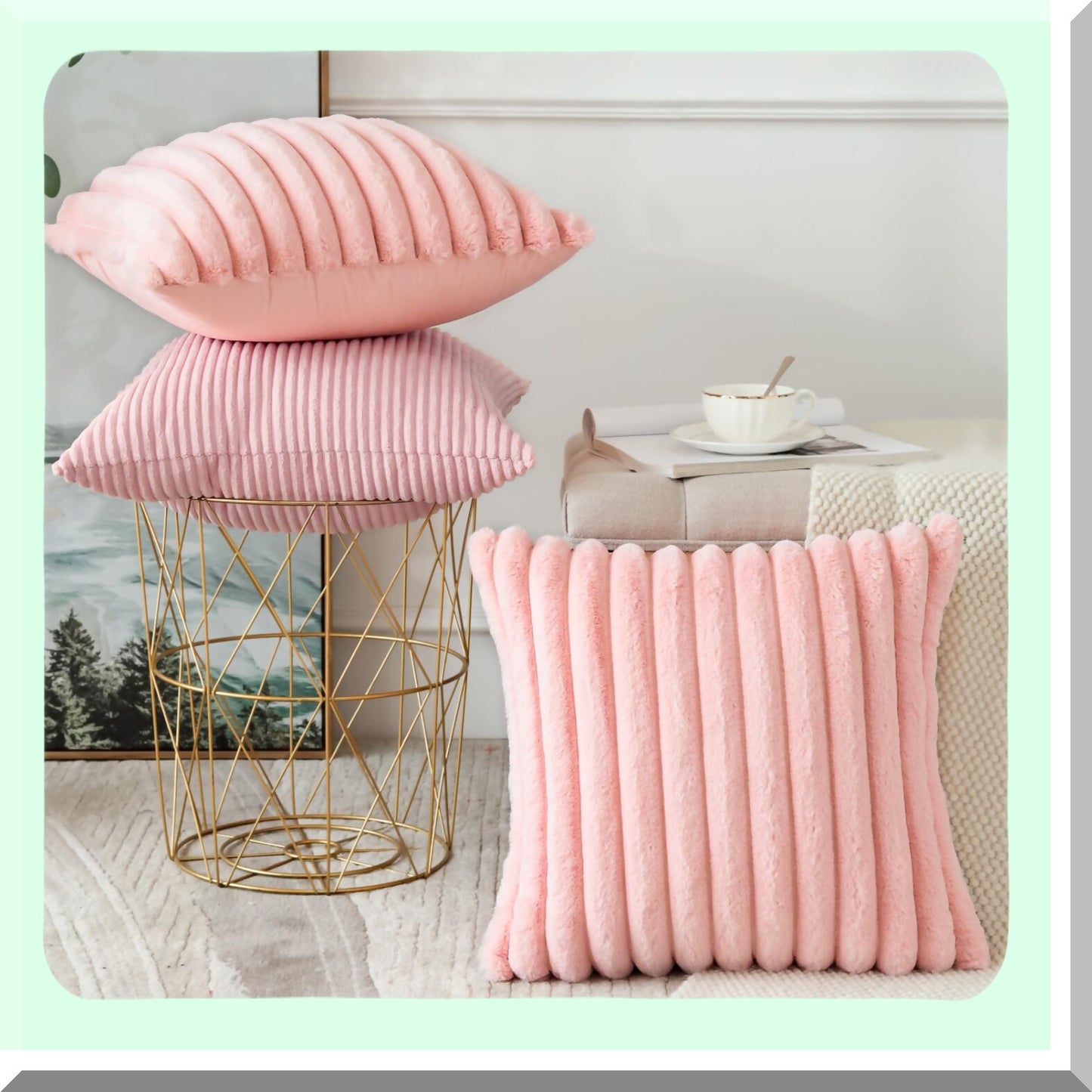 Plush Stripe Corduroy Pillow Covers - Set of 4 Soft Decorative Throw Cushion Cases for Couch Sofa Bed Home Living Room Decor - 18x18 Inch Luxury Pink Pillowcase