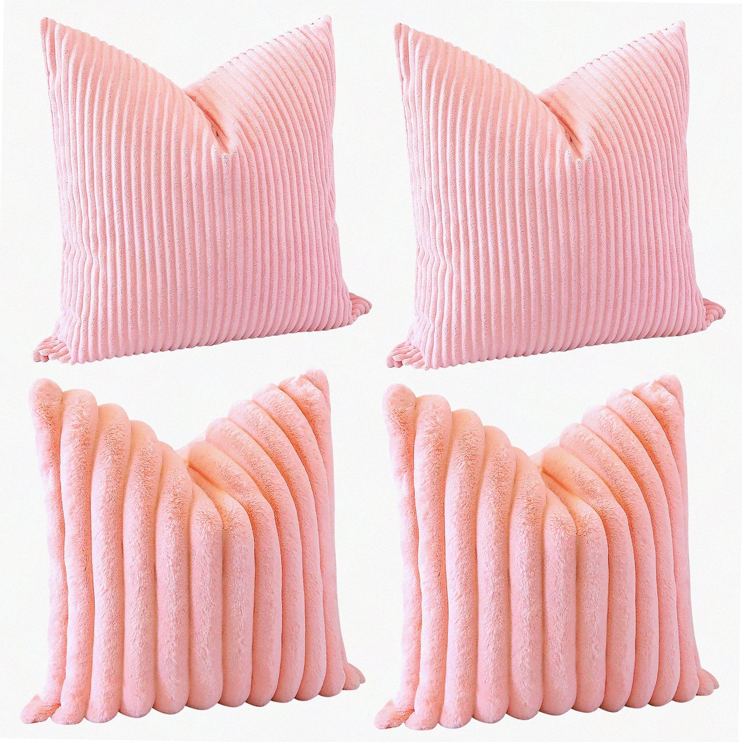 Plush Stripe Corduroy Pillow Covers - Set of 4 Soft Decorative Throw Cushion Cases for Couch Sofa Bed Home Living Room Decor - 18x18 Inch Luxury Pink Pillowcase