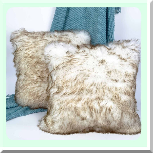 Luxury Long Hair Fluffy Throw Pillow Cover - White & Brown Decorative Cushion Cover for Couch, Sofa, Bed - Bedroom, Living Room Decoration - 20x20 Inch