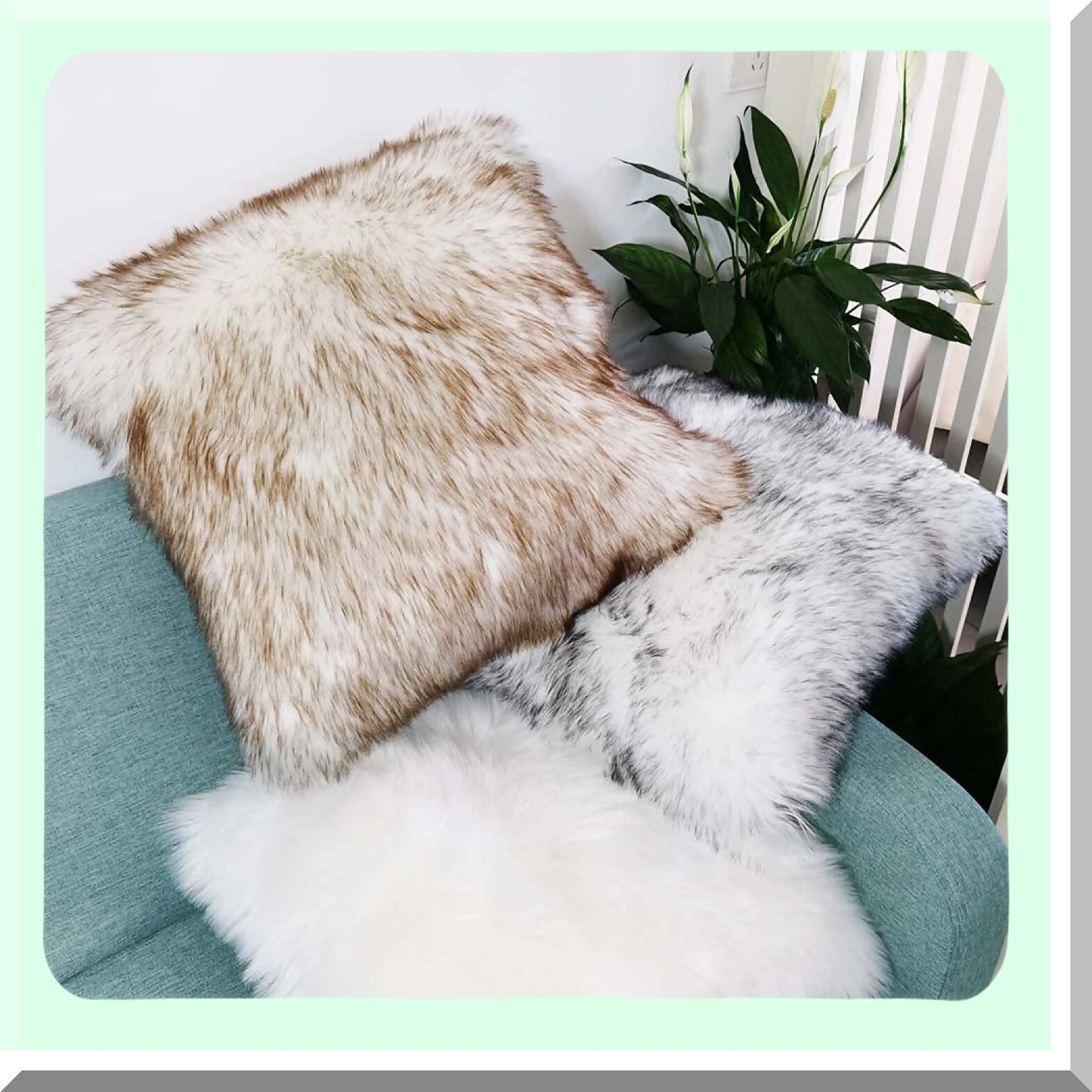 Luxury Long Hair Fluffy Throw Pillow Cover - White & Brown Decorative Cushion Cover for Couch, Sofa, Bed - Bedroom, Living Room Decoration - 20x20 Inch