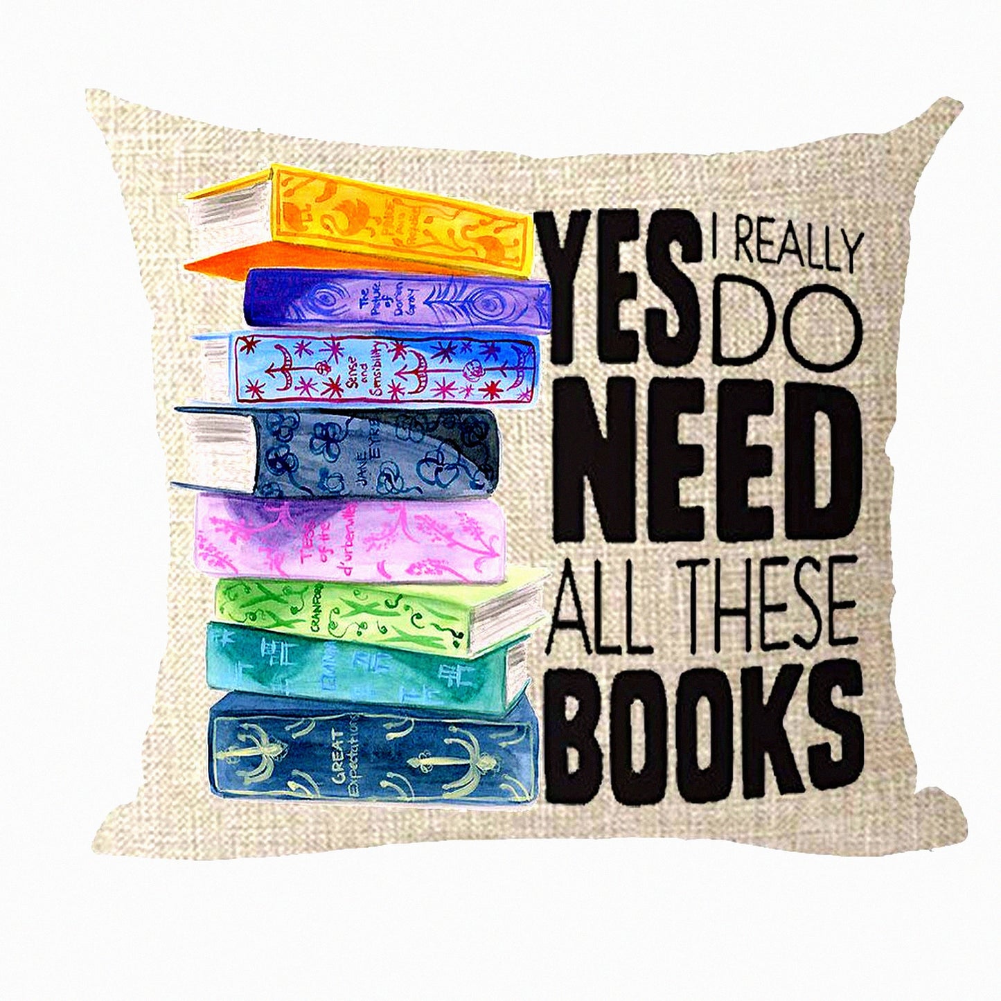 Bookworm Bliss Linen Throw Pillow Cover - Fun Reading Gift for Sofa Decor - 18x18 inch Square Cushion Case - Decorative Pillow for Wedding & Birthday - Yes I Really Do Need All These Books