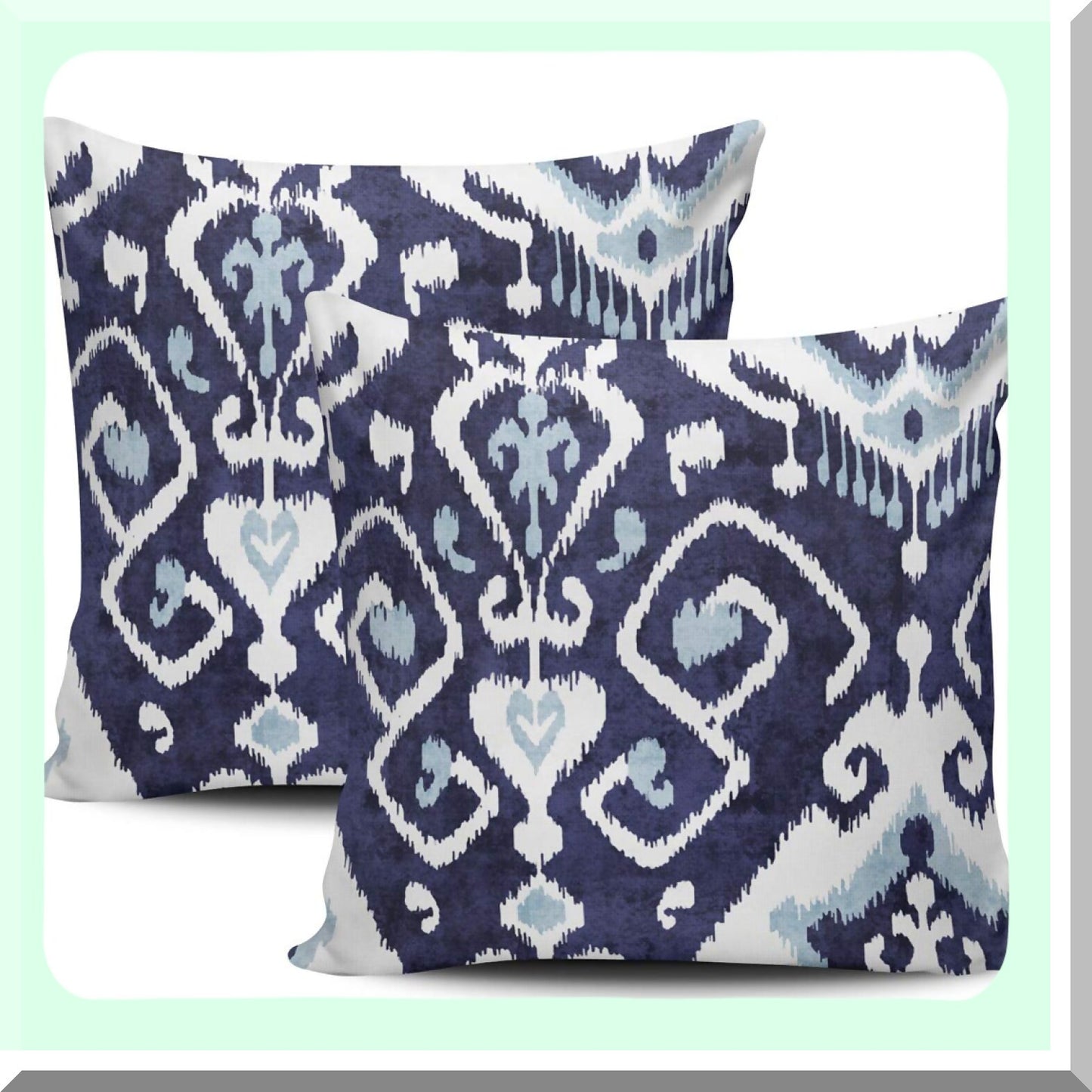 Blue Ikat Square Cushion Covers - Set of 2 | Decorative Throw Pillowcases 20x20 Inch | Double Sided Print Sofa Pillow Covers - White and Blue