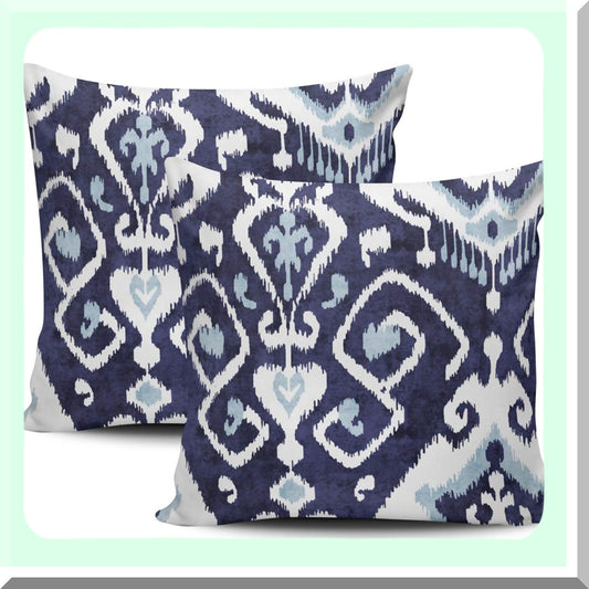 Blue Ikat Square Cushion Covers - Set of 2 | Decorative Throw Pillowcases 20x20 Inch | Double Sided Print Sofa Pillow Covers - White and Blue