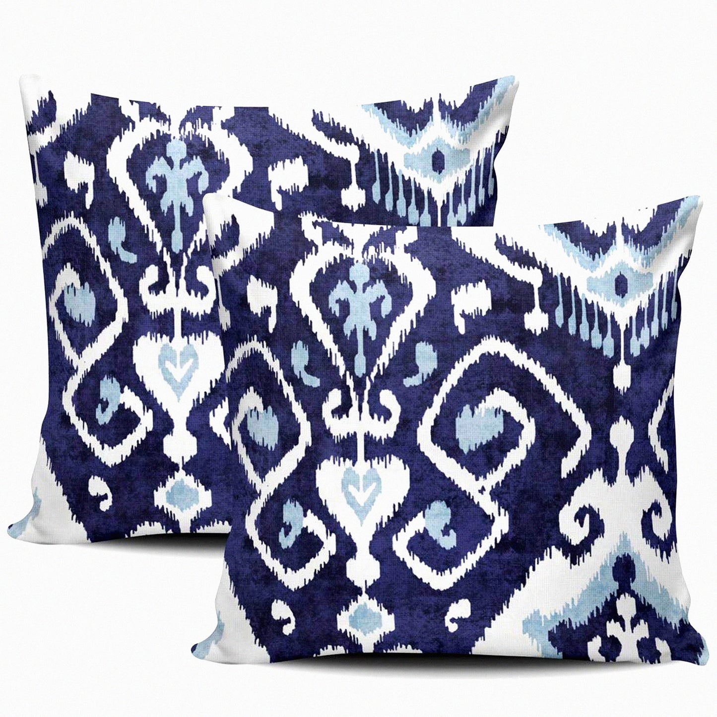 Blue Ikat Square Cushion Covers - Set of 2 | Decorative Throw Pillowcases 20x20 Inch | Double Sided Print Sofa Pillow Covers - White and Blue