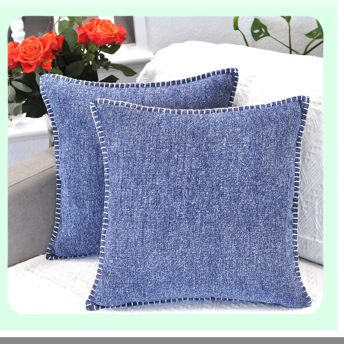 Chenille Navy Blue Stitched Edge Throw Pillow Set - Cozy Velvet Cushion Covers for Sofa, Chairs, Bed - Modern Soft Decorative 20x20 Inches