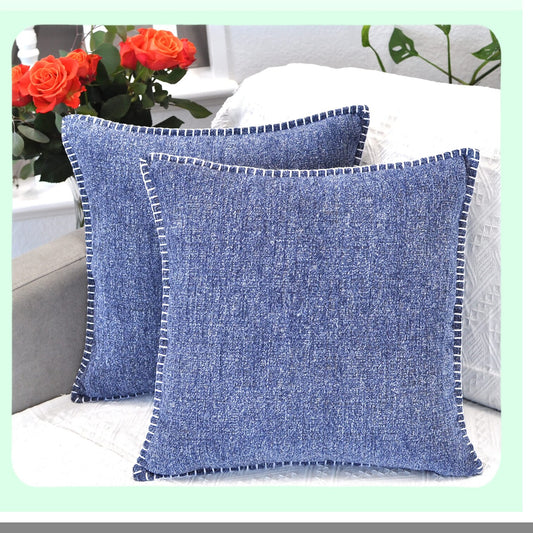 Chenille Navy Blue Stitched Edge Throw Pillow Set - Cozy Velvet Cushion Covers for Sofa, Chairs, Bed - Modern Soft Decorative 20x20 Inches