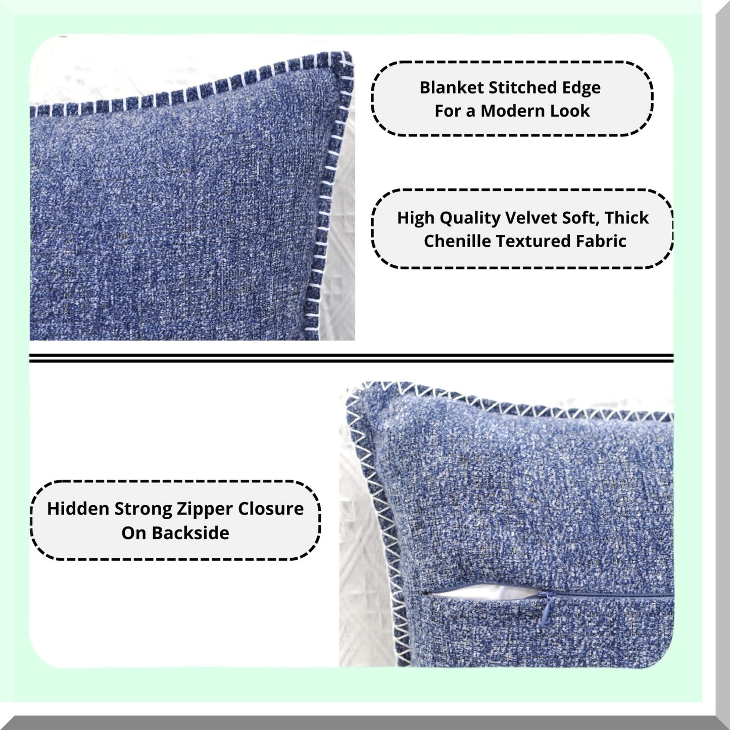 Chenille Navy Blue Stitched Edge Throw Pillow Set - Cozy Velvet Cushion Covers for Sofa, Chairs, Bed - Modern Soft Decorative 20x20 Inches