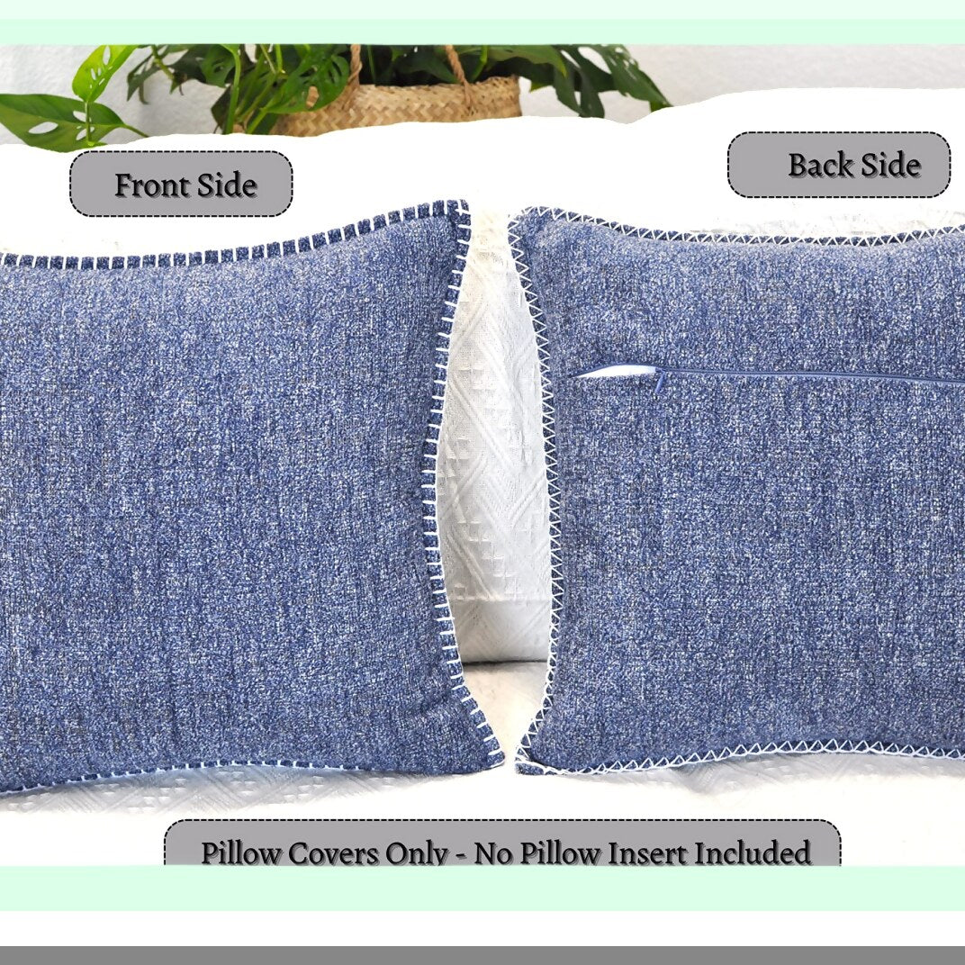 Chenille Navy Blue Stitched Edge Throw Pillow Set - Cozy Velvet Cushion Covers for Sofa, Chairs, Bed - Modern Soft Decorative 20x20 Inches