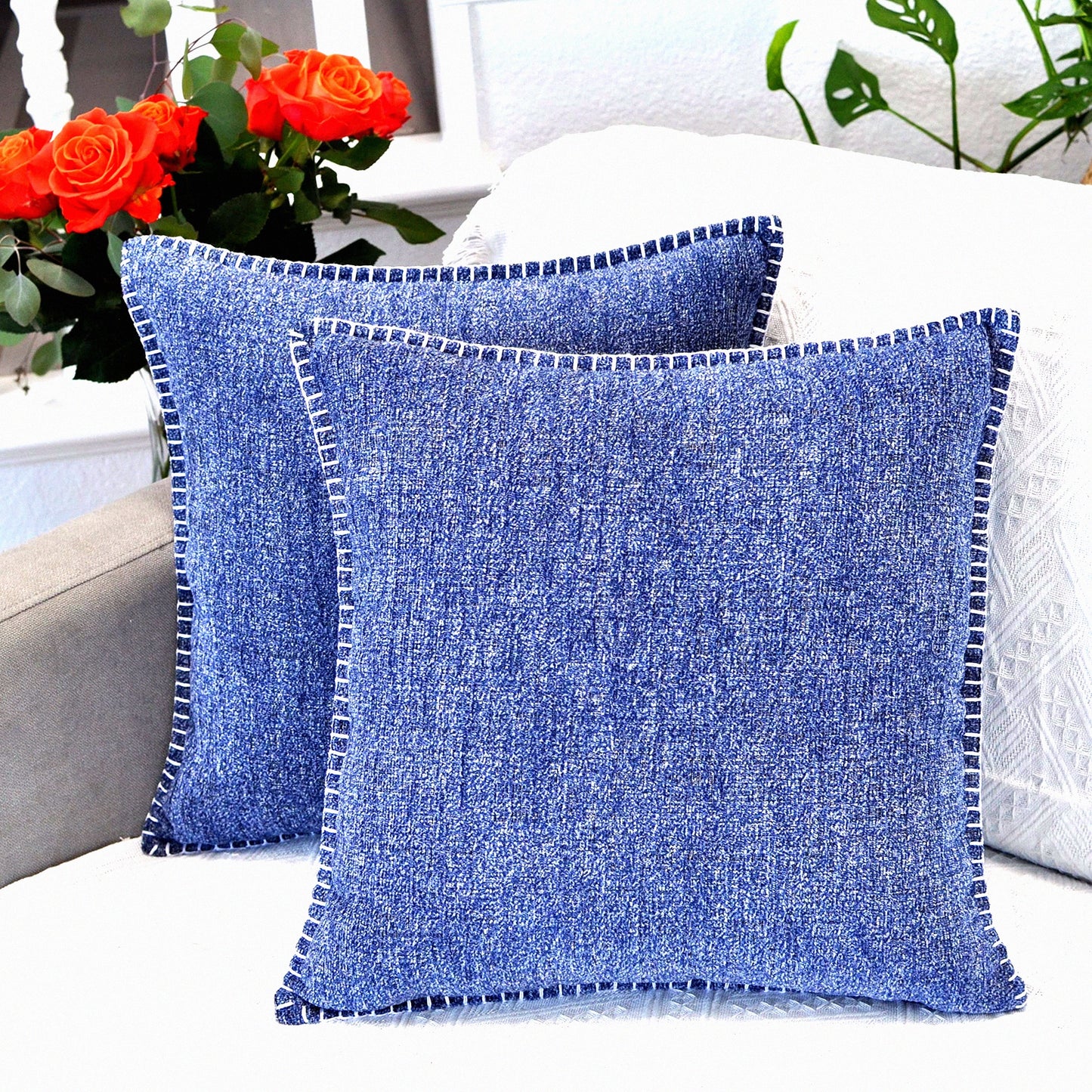 Chenille Navy Blue Stitched Edge Throw Pillow Set - Cozy Velvet Cushion Covers for Sofa, Chairs, Bed - Modern Soft Decorative 20x20 Inches