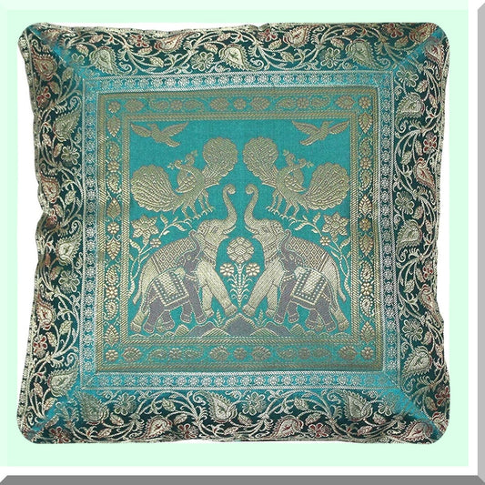Elephant Embroidered Silk Pillow Cover - Ethnic Decorative Cushion Case for Sofa, Bedroom, Car - Square Hand Print Design - 16 X 16 Inches