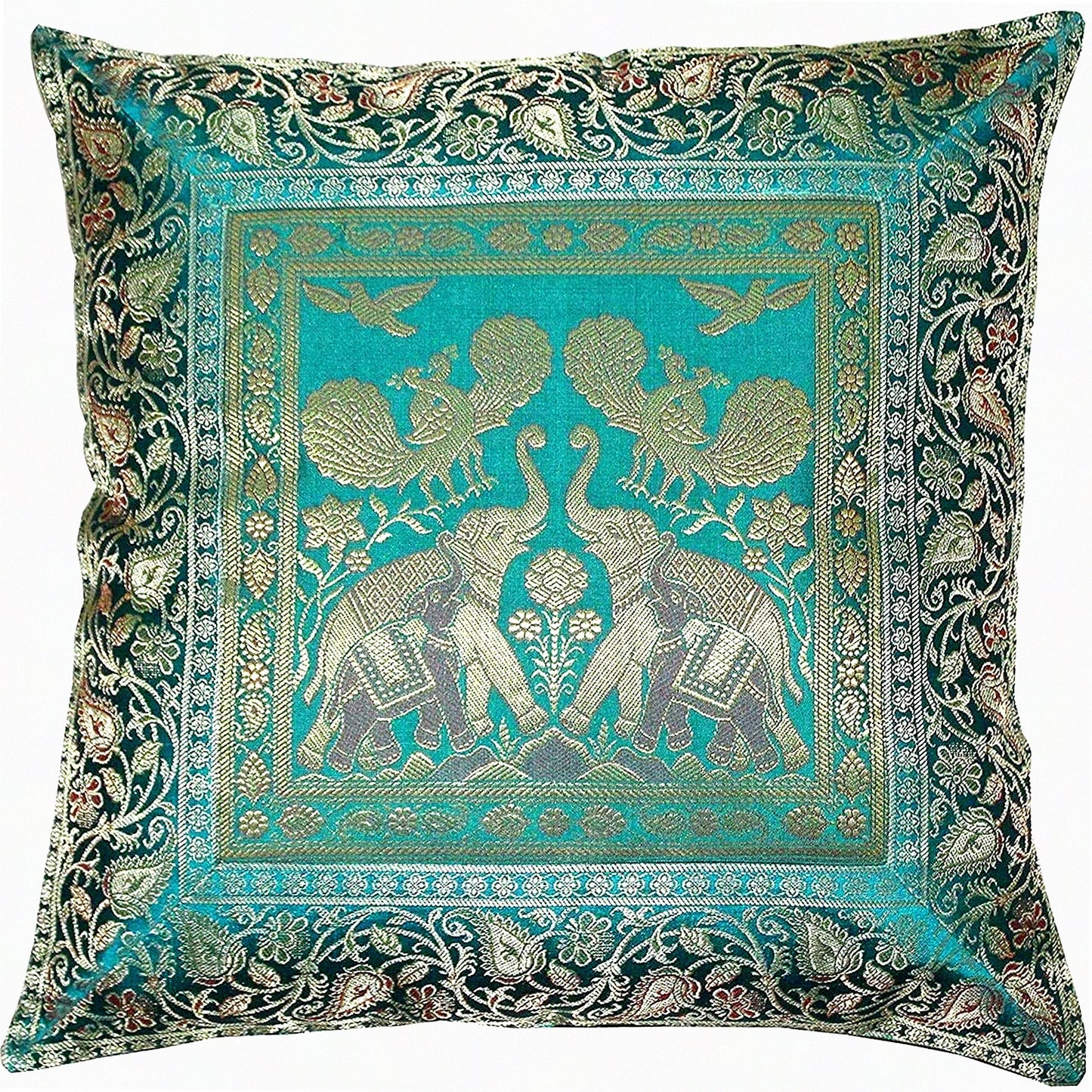 Elephant Embroidered Silk Pillow Cover - Ethnic Decorative Cushion Case for Sofa, Bedroom, Car - Square Hand Print Design - 16 X 16 Inches