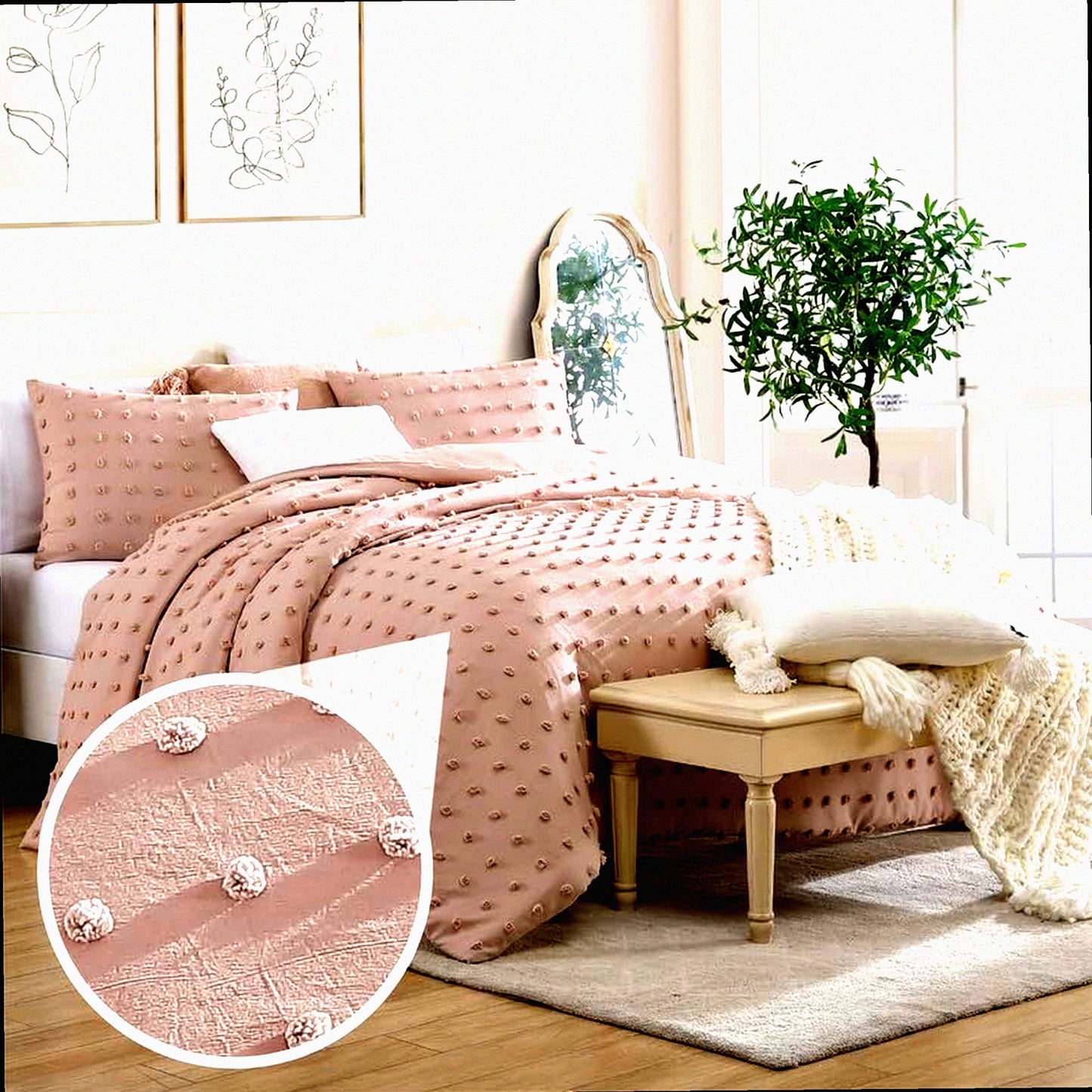 Blush Pom Pom Comforter Set - Full/Queen Size, 3-Piece Down Alternative Bedding, All-Season, Machine Washable - Cozy Bedroom Decor