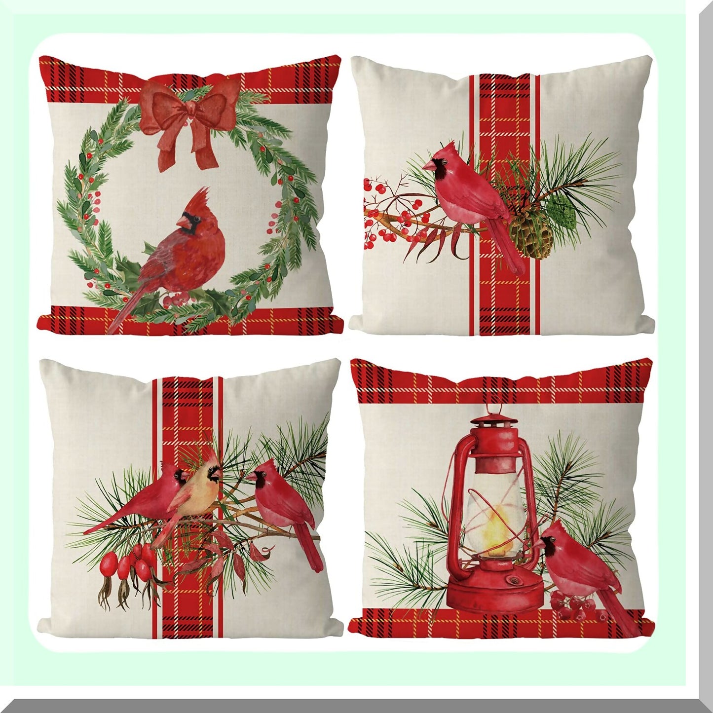 Cardinal Red Buffalo Check Farmhouse Pillow Covers - Set of 4 18x18 Inch Throw Pillowcases for Winter Home Decor, Sofa Couch, Party Decorations