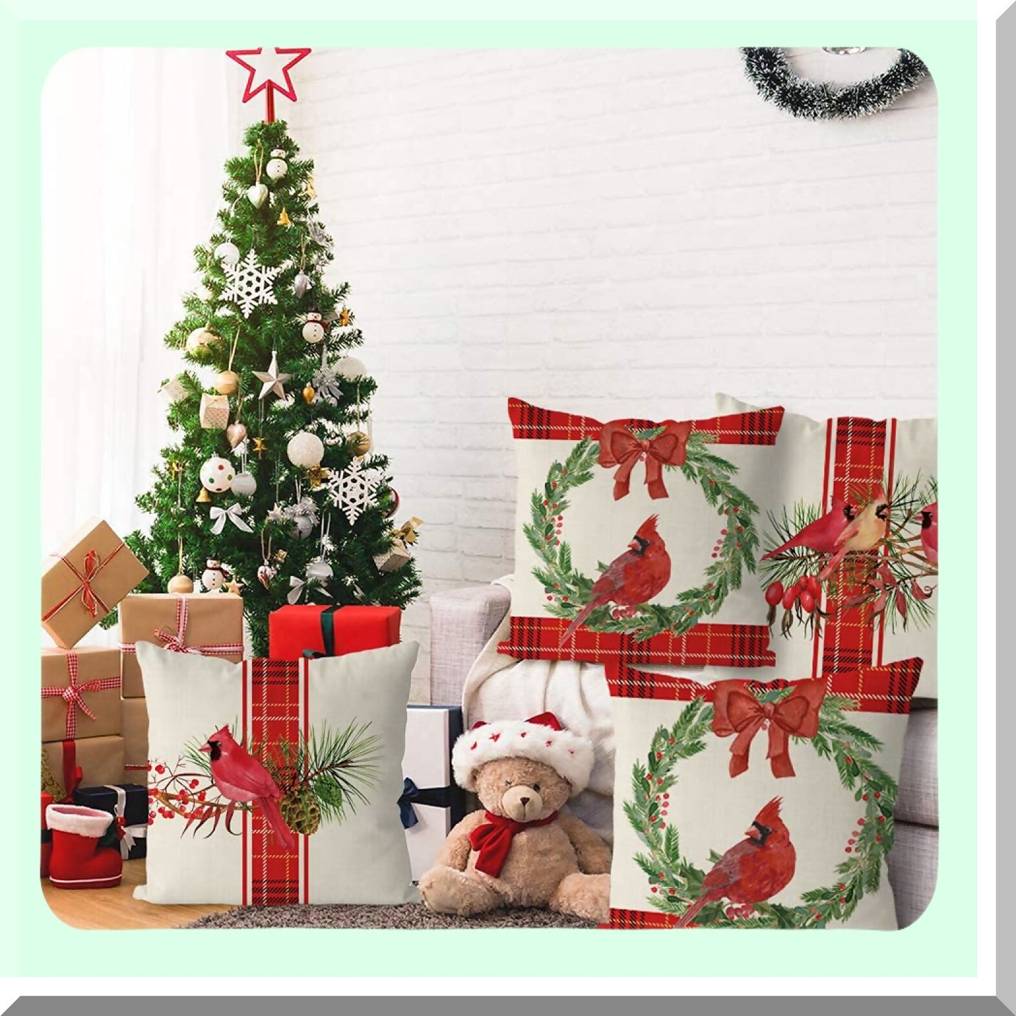 Cardinal Red Buffalo Check Farmhouse Pillow Covers - Set of 4 18x18 Inch Throw Pillowcases for Winter Home Decor, Sofa Couch, Party Decorations