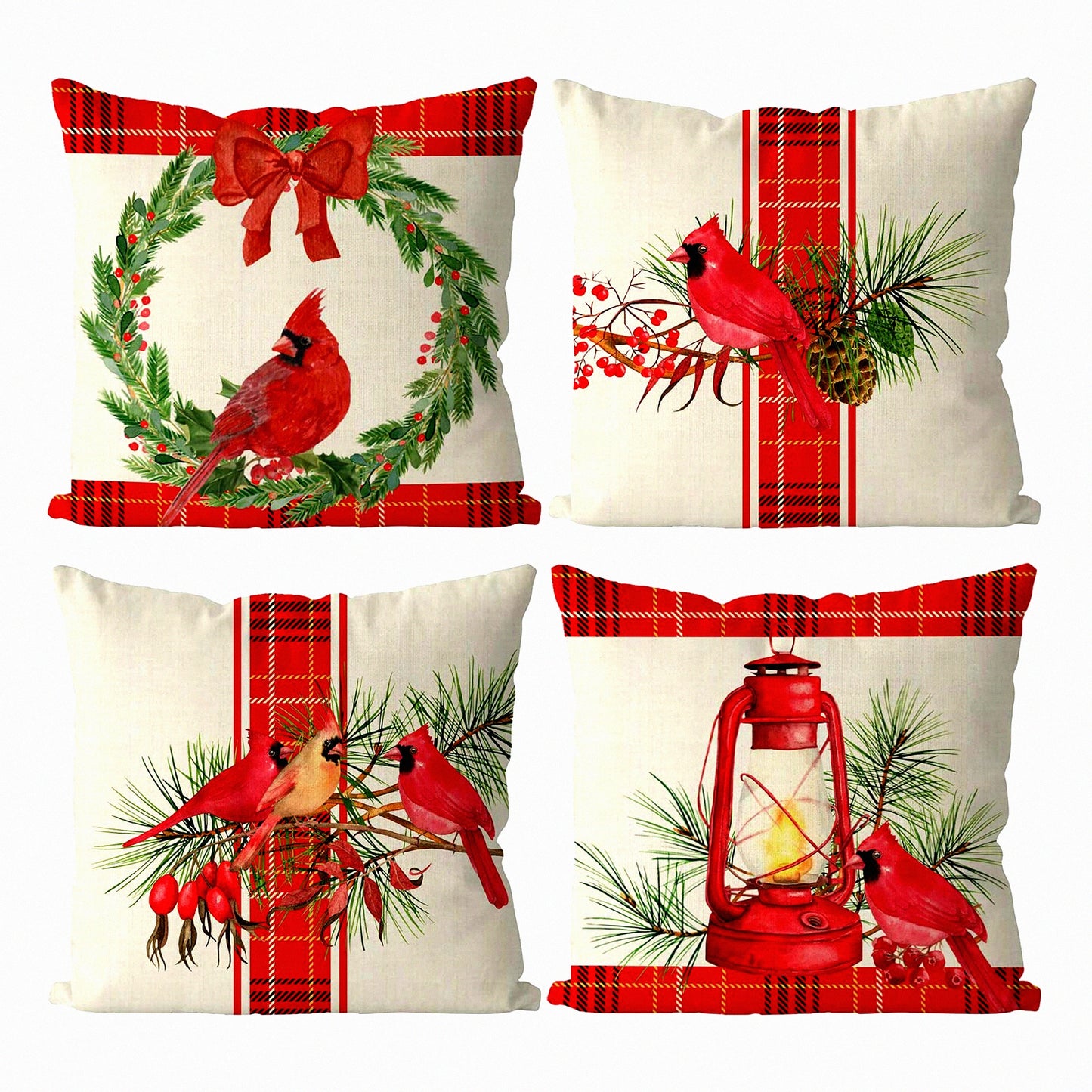 Cardinal Red Buffalo Check Farmhouse Pillow Covers - Set of 4 18x18 Inch Throw Pillowcases for Winter Home Decor, Sofa Couch, Party Decorations