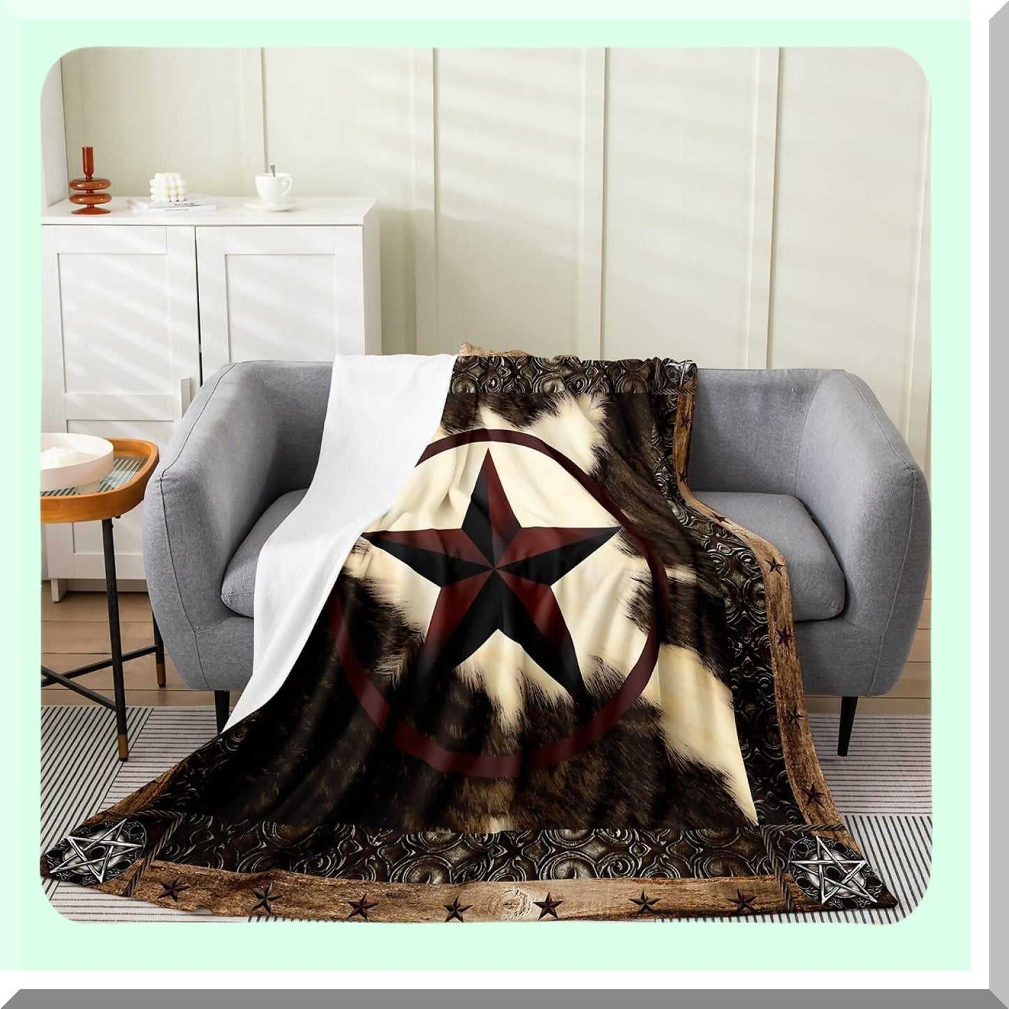 Texas Star Rustic Cow Print Fleece Blanket - Vintage Western Farmhouse Decor for Sofa, Bed, or Couch