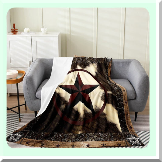 Texas Star Rustic Cow Print Fleece Blanket - Vintage Western Farmhouse Decor for Sofa, Bed, or Couch