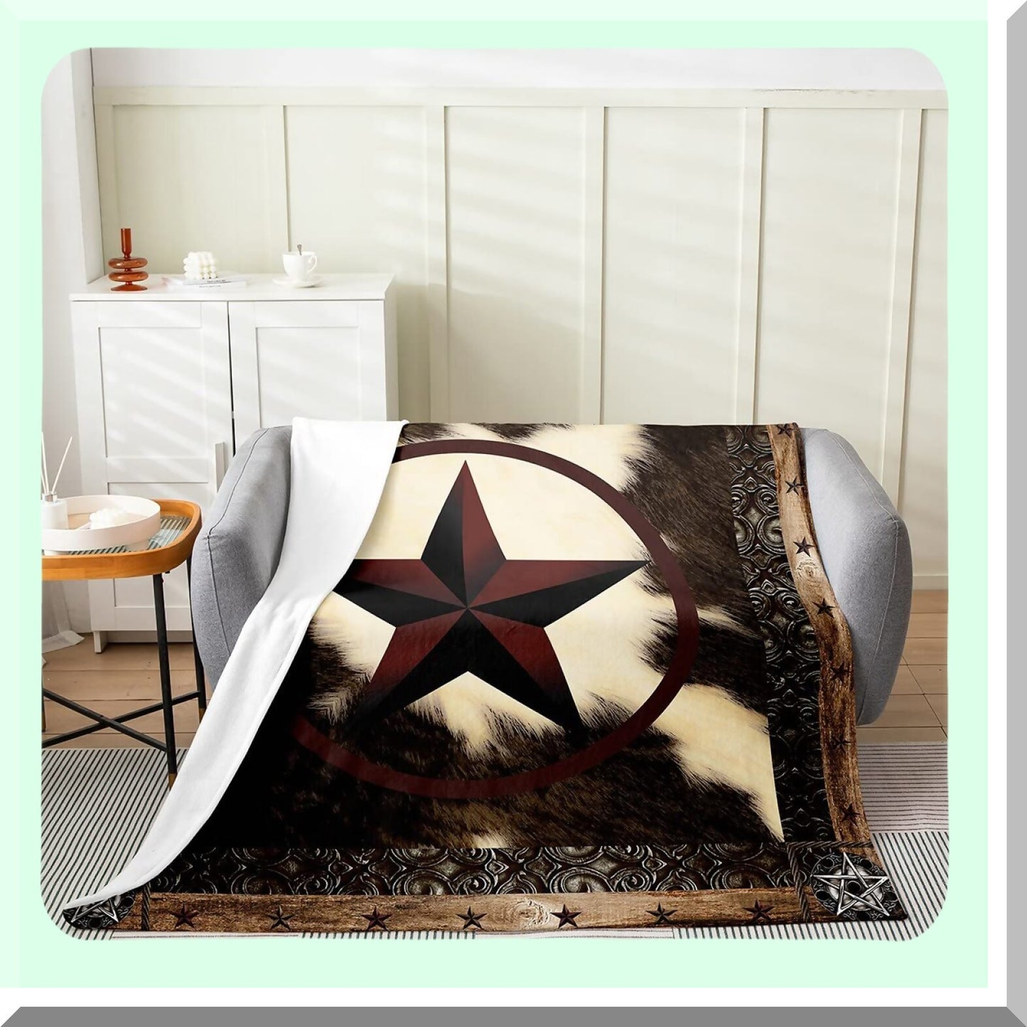 Texas Star Rustic Cow Print Fleece Blanket - Vintage Western Farmhouse Decor for Sofa, Bed, or Couch
