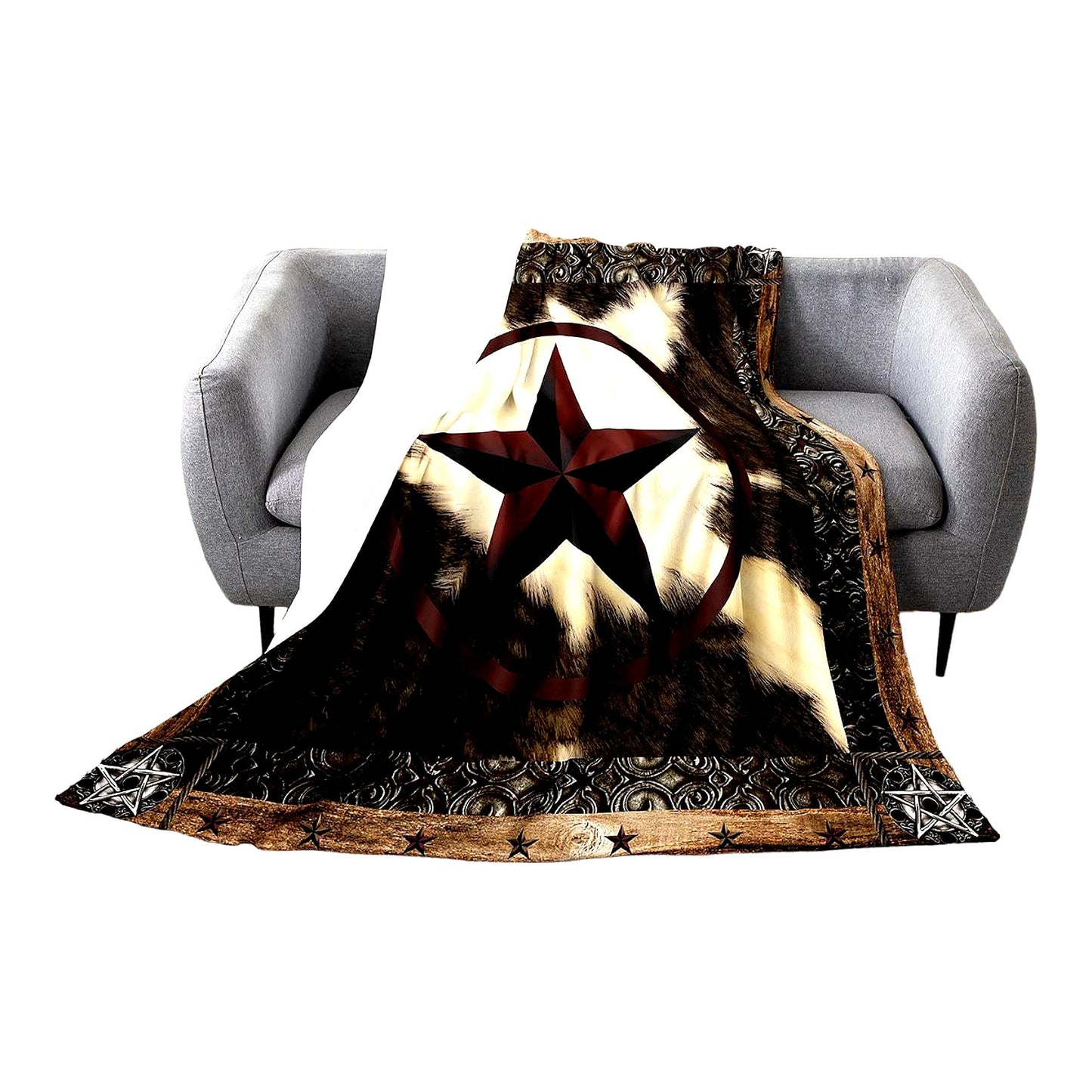 Texas Star Rustic Cow Print Fleece Blanket - Vintage Western Farmhouse Decor for Sofa, Bed, or Couch