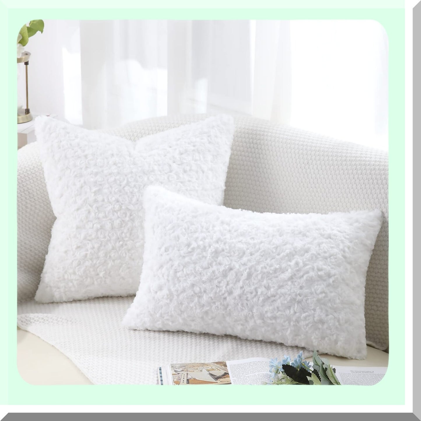 RoseDream 3D Throw Pillow Covers - Set of 2, 26x26 Inch Fluffy Decorative Cushion Cases for Couch Bed Sofa - Off White Floral Pattern